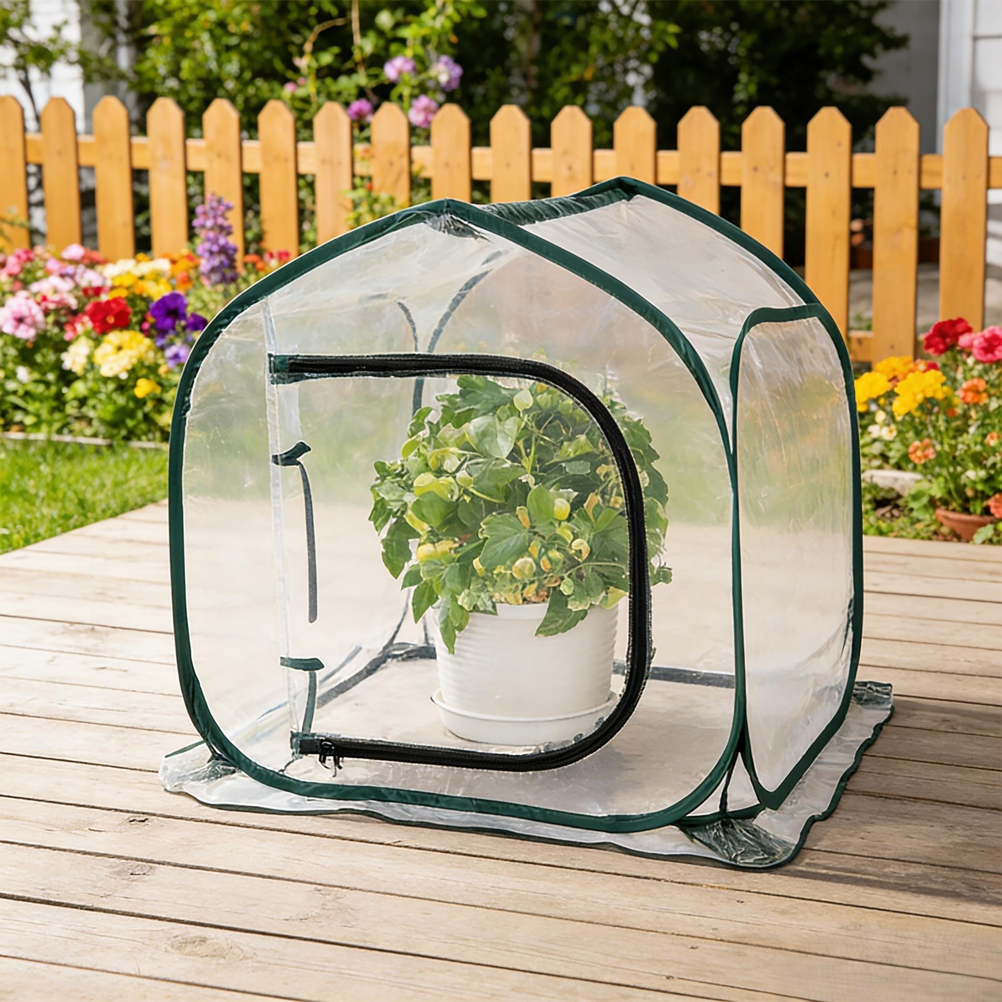Serra in PVC trasparente per giardinaggio all'aperto con ingresso con cerniera di ventilazione e telaio leggero