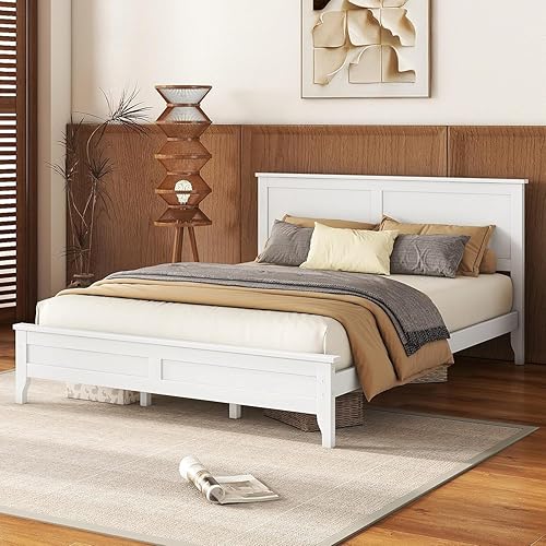 Miniatura 3 de Base de cama tamaño matrimonial gris con cabecera y estribo, cama de plataforma de tamaño matrimonial con soporte de listones de madera, marco de