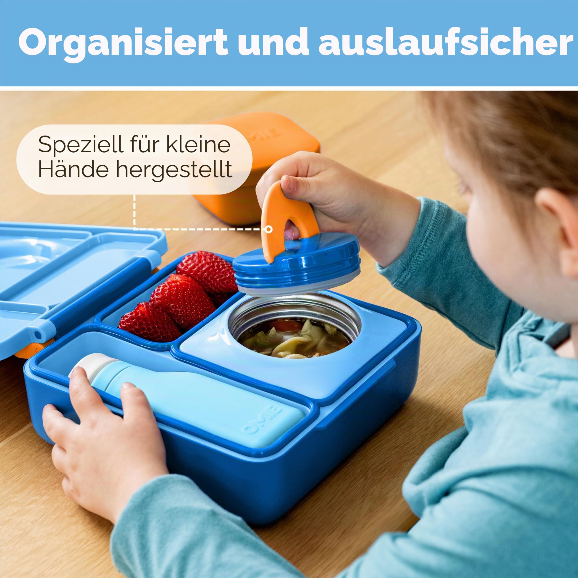 Omiebox Bento Butterbrotdose mit Thermosflasche für Kinder Himmelblau