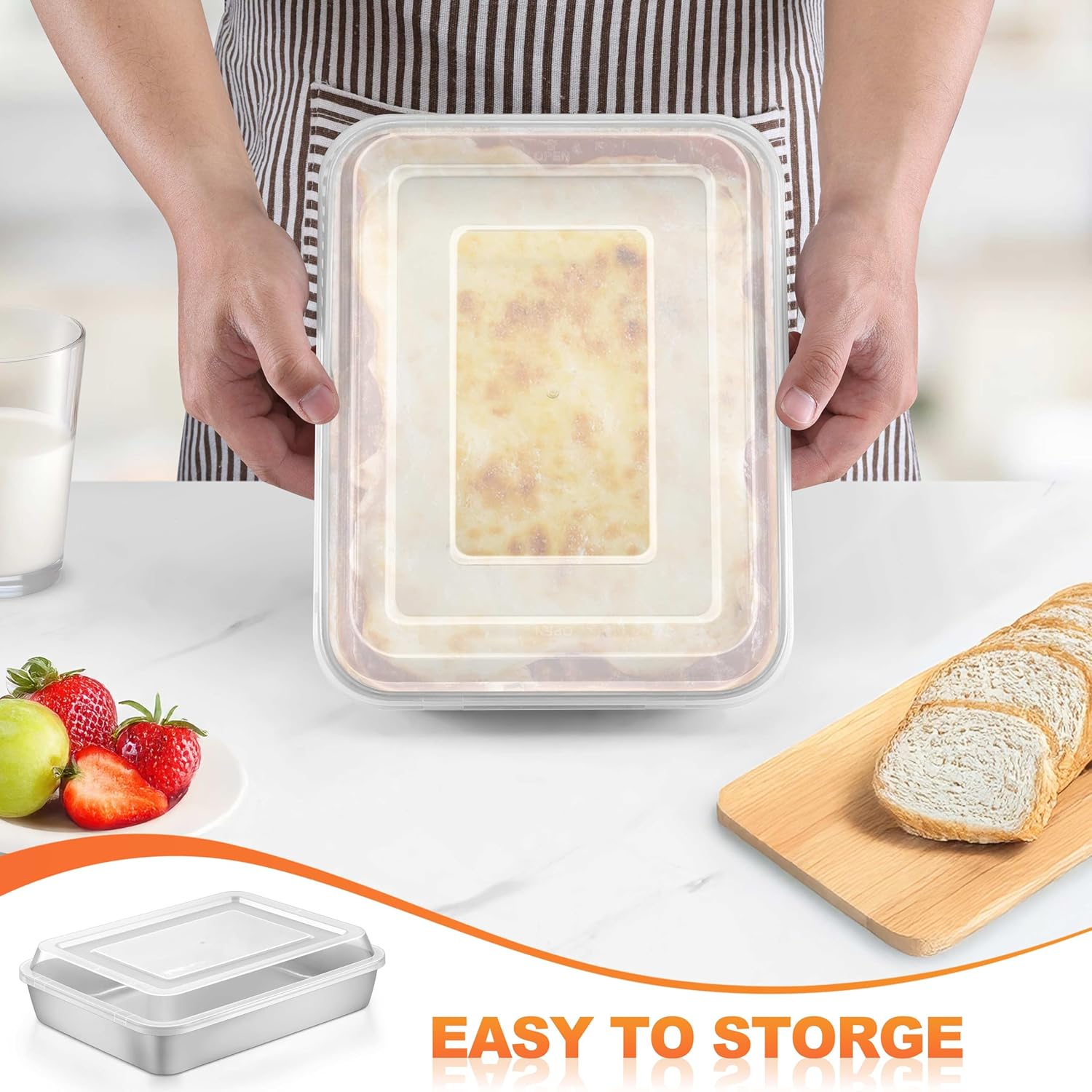 Herogo Baking Pan with Lid, 8 x 10 Inch Nonstick Rectangle Stainless Steel Cake Pan Sheet, Deep Cakes Bakeware with Lid for Brownies Casseroles, Non Toxic & Dishwasher Safe, Set of 2 - Image 6