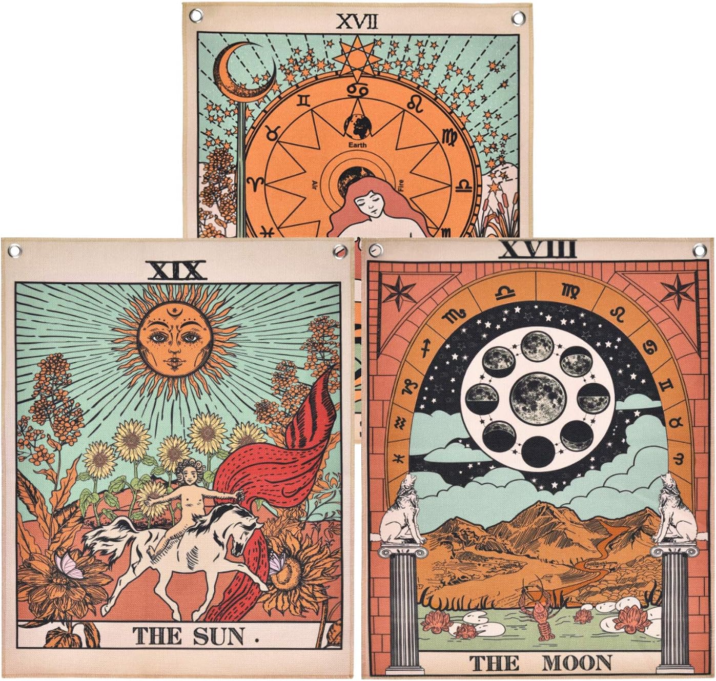 Pack 3 Tarot Tapestry, The Moon, The Star and The Sun Tarot Card Tapestry, Medieval Europe Tapestry for Room with Rustproof Grommets, Seamless Nails