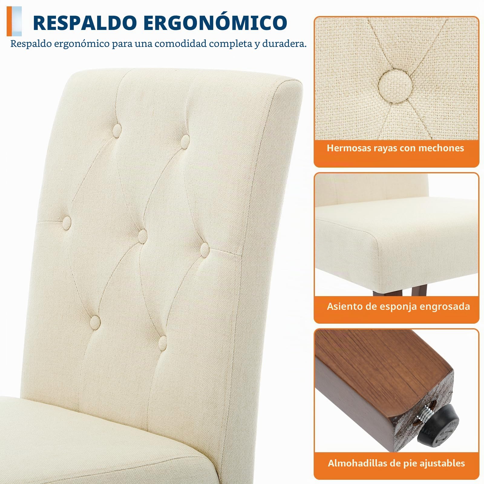 Sillas De Comedor Modernas Tapizadas - Juego 2 con Lino Gris, Diseño Parsons, Patas Madera Resistentes, Respaldo Alto Comodidad para Comedor, Cocina, Restaurante Paquete Lino (Beige 2)