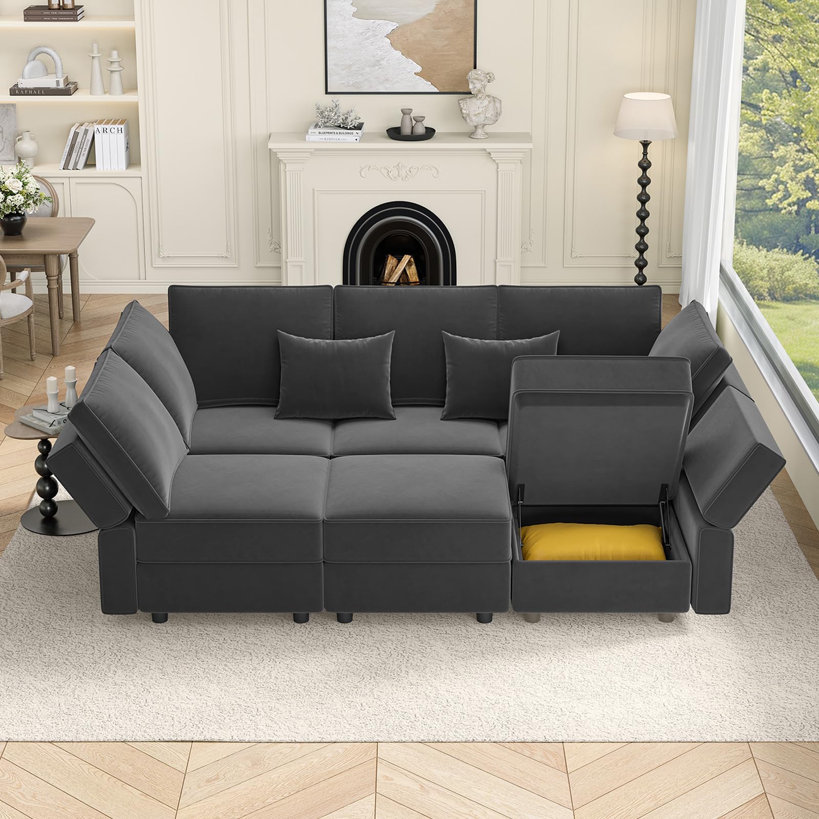 Vesgantti Sectional Sleeper Sofas with Storage, 92" Sofa Bed with 6 Seats Storage Chaises Removeble Cover, Deep Seat Modular Couches Velvet Couch Set