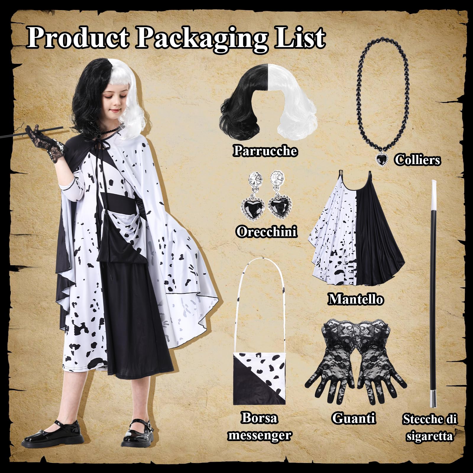 IEEILULU Cruella Costume Bambina, Vestito Crudelia Demon Donna, Costume da Crudelia Deville per Ragazze, Buono per il Ragazze Cosplay di Halloween - il Carnevale del Male