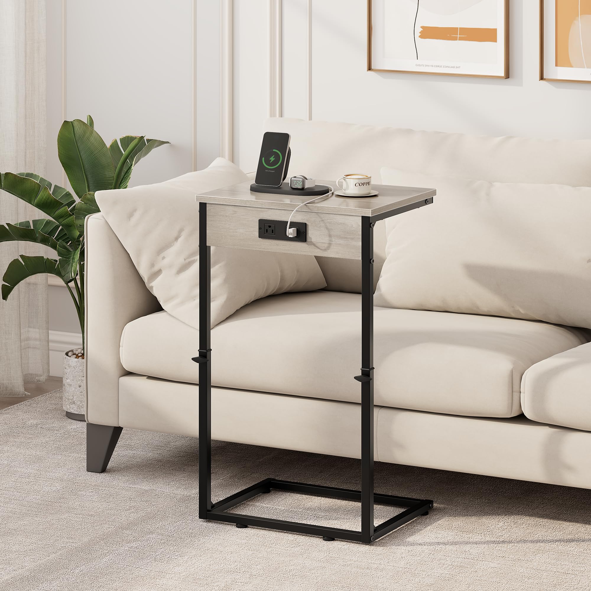 Vagusicc Beistelltisch C Form mit Steckdose, Höhenverstellbar 52-85 cm, mobiler Kaffeetisch, Wohnzimmertisch mit Metallgestell, Couchtisch, Laptoptisch, Nachttisch für Schlafzimmer, Wohnzimmer, Grau