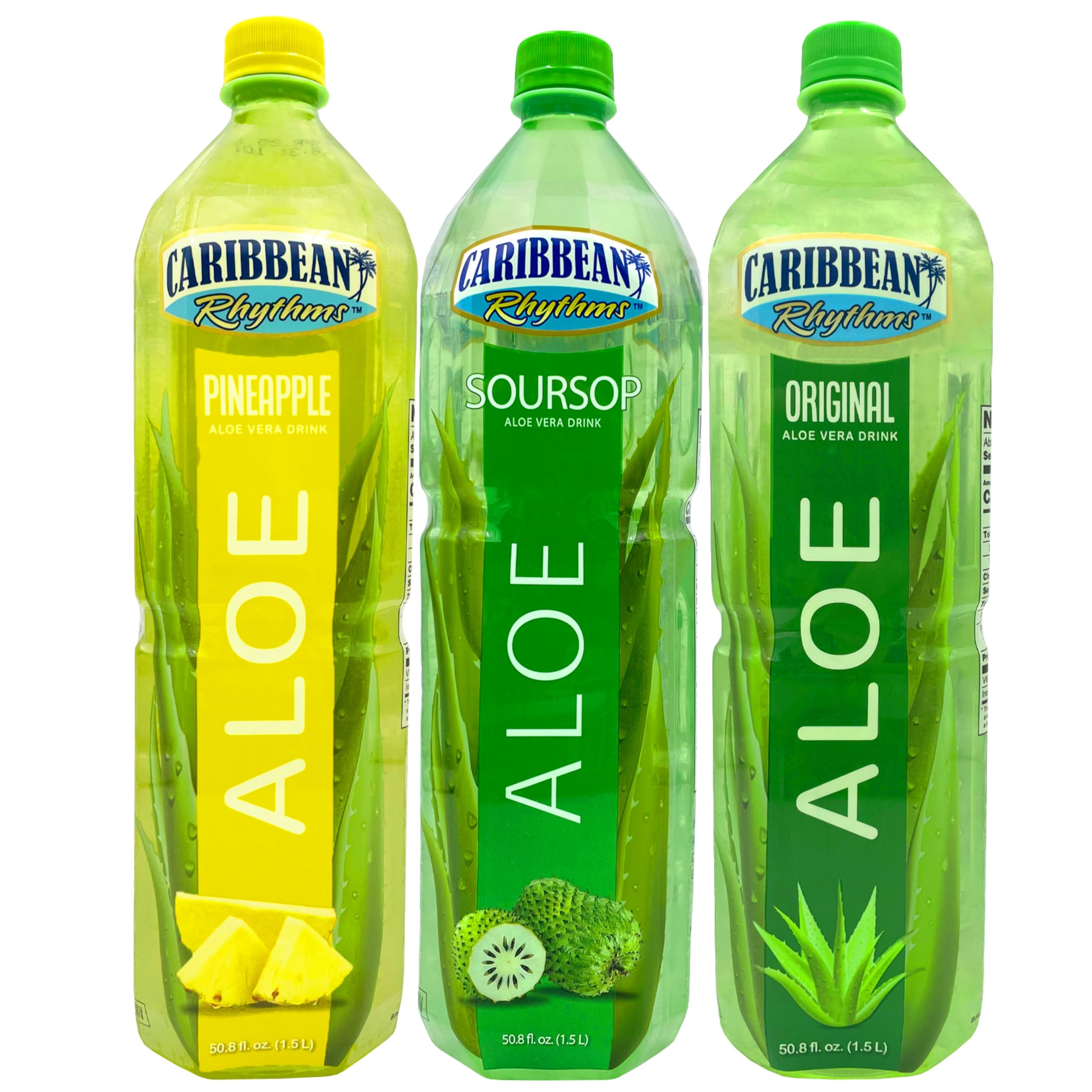 Caribbean Rhythms Aloe Vera Drinks, 1.5L, Original + Pineapple + Soursop (Pack of 3)