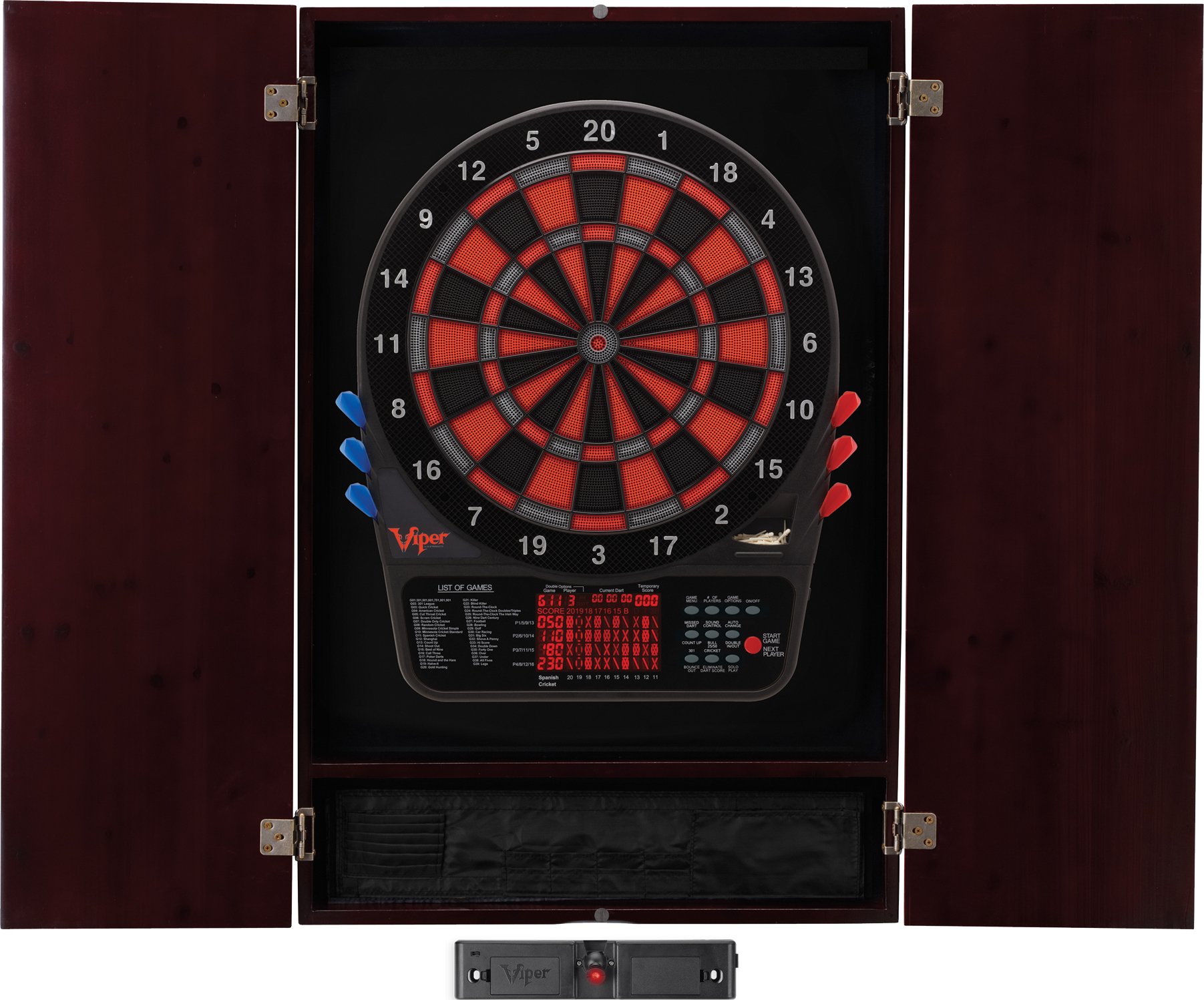 Viper by GLD Products Metropolitan Solid Wood Cabinet & Electronic Dartboard Play-Ready Bundle: Elite Set (800 Dartboard, Darts and Laser Throw Line), Mahogany Finish