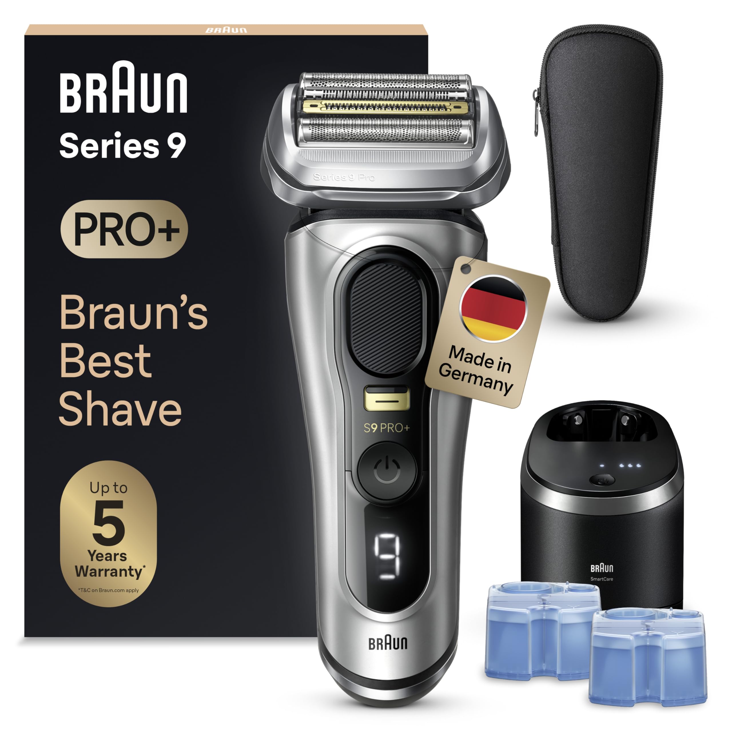 Braun Series 9 Pro+ Rasierer Herren Elektrisch, Elektrorasierer mit 5+1 Ultradünnen Präzisionsklingen, Rasierapparat ProTrimmer & Reinigungsstation +2 Kartuschen, Made in Germany, 9567cc, Silber