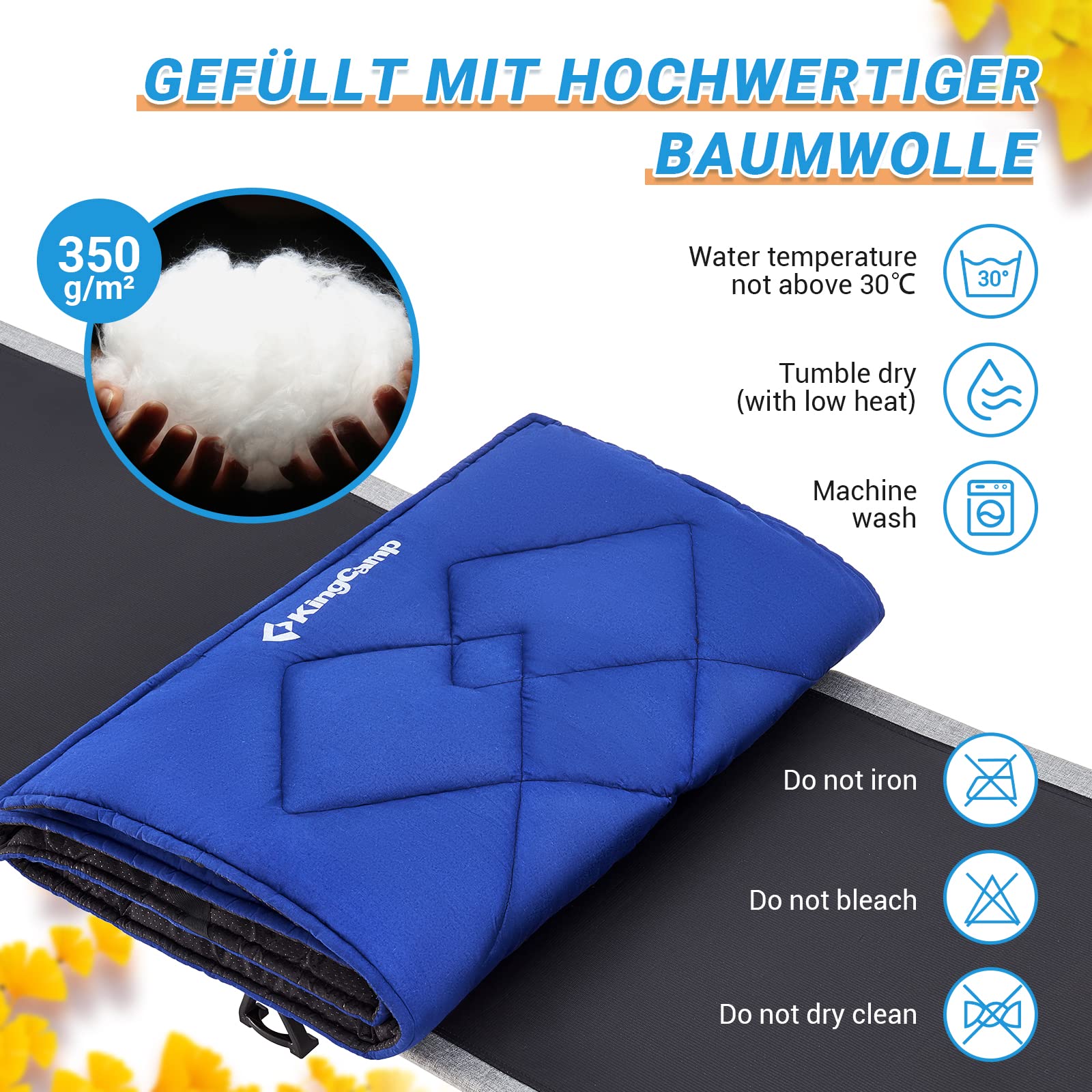 KingCamp Feldbett Auflage für Campingmöbel, Weiche Polsterung passend für Klappbett & Liege, Baumwoll-Mix, rutschfest & Waschbar, Komfort-Upgrade für Outdoor Betten