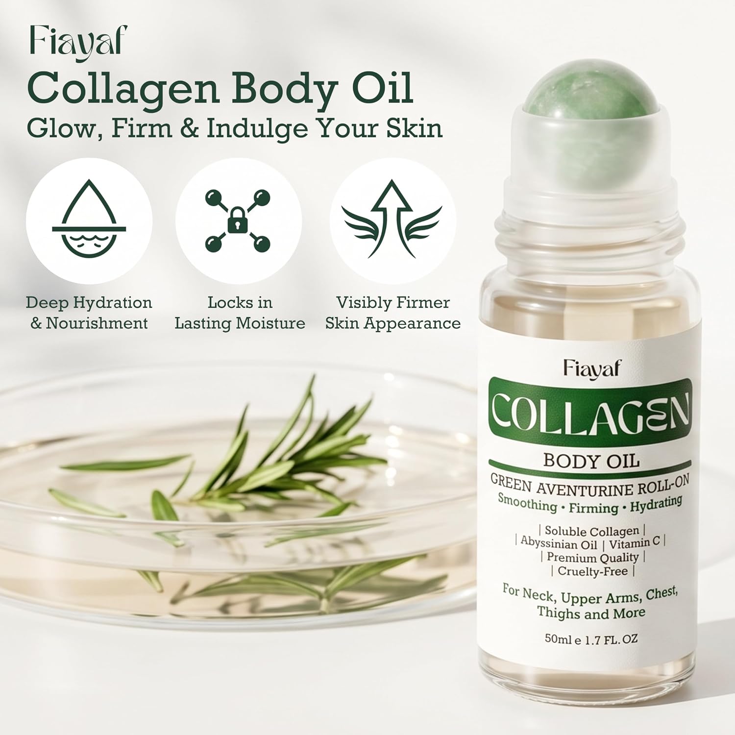 Collagen Body Oil with Green Aventurine Roll-On, Hydrating After Shower Body Oil for Women & Men, Lightweight Moisturizing Skincare Oil Helps Smooth & Soften Dry Skin, Glass Bottle,1.69 FL OZ(1PC)