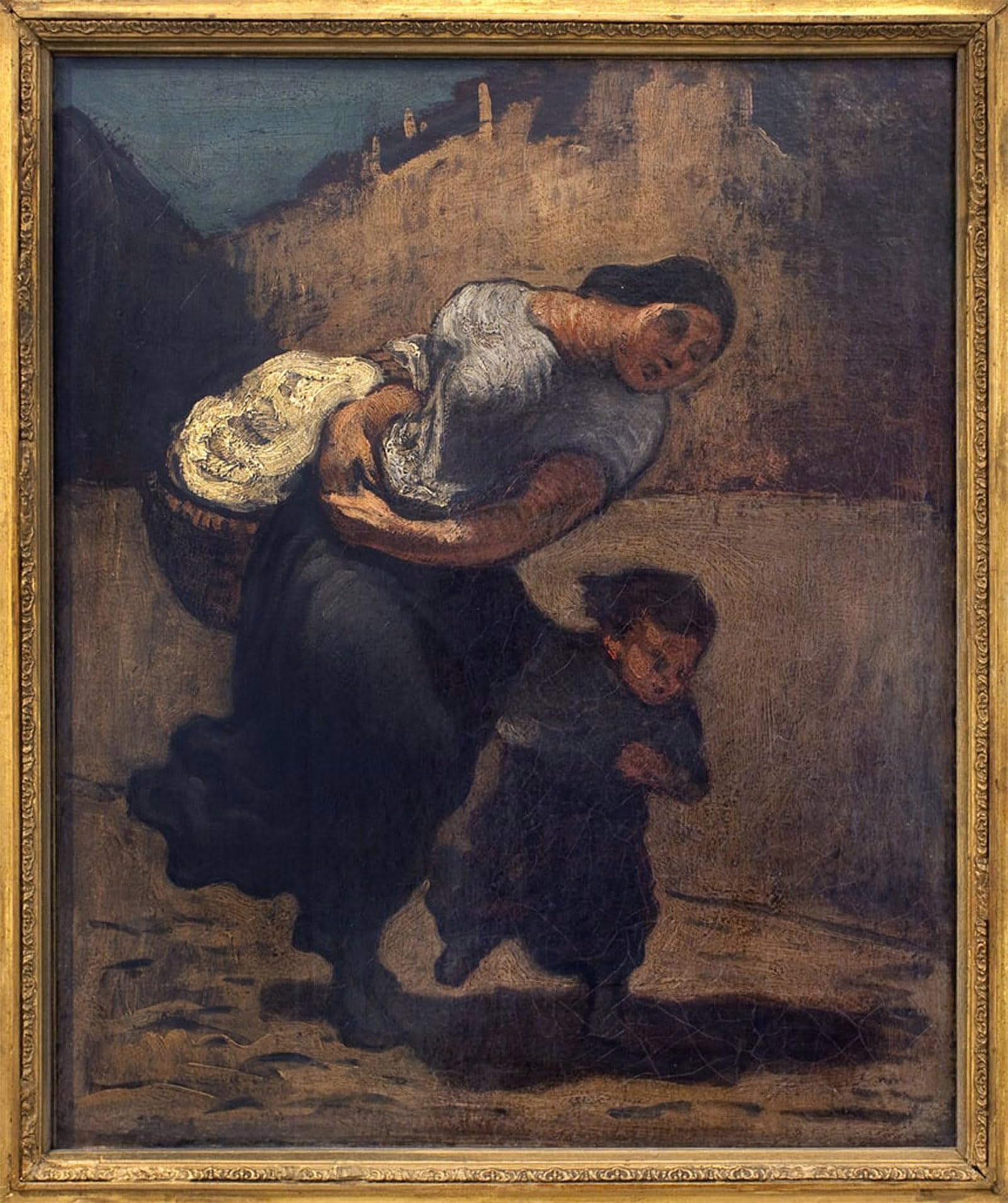 POSTERIIk Vintage Classic Picture Landscape Artwork the Storm a Woman Holding a Short Basket with a Child by Honoré Daumier Portrait Canvas Painting for Office Home Decor 60x90cm