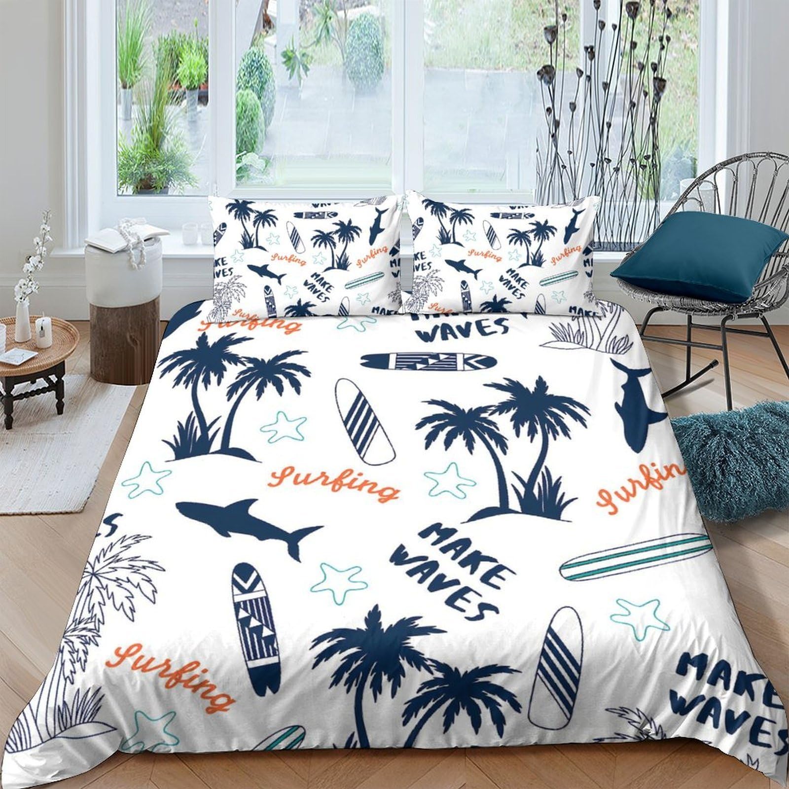 Ctjqhvkz Style-1 3D Printed Tropical Palm Fitted Sheet Microfiber Soft Breathable Surf Shark Bed Cover For Bedroom Decor Single（135X200cm）