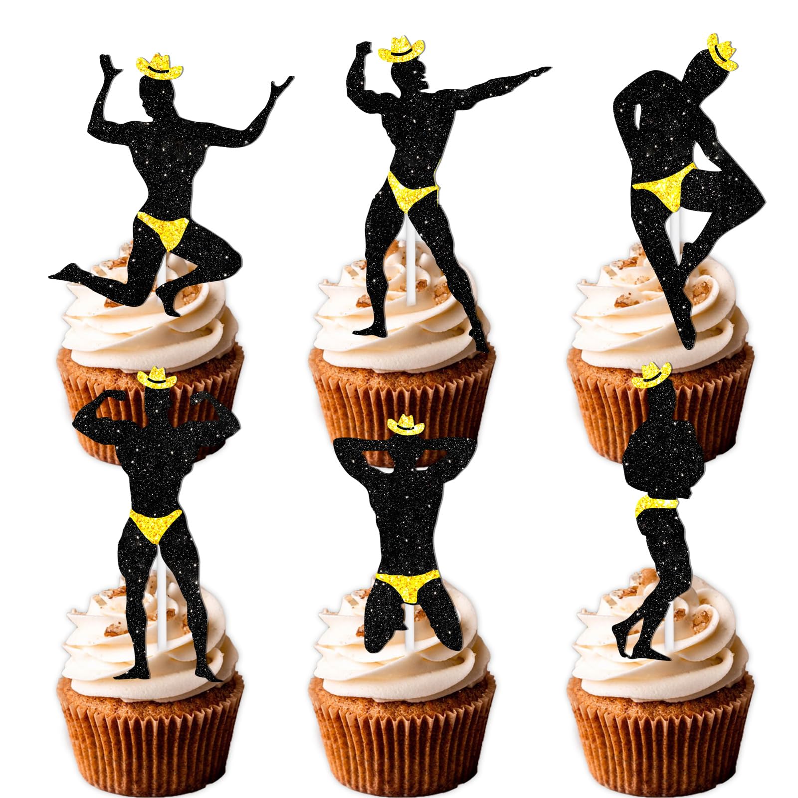 LETLIMIT 18pcs Black Glitter Silhouettes Dessert Cupcake Topper for Bodybuilder Strong Muscular Man Night Out Hen Movie Party Theme Decor Supplies Birthday Bachelorette Bridal Shower Party Decoration