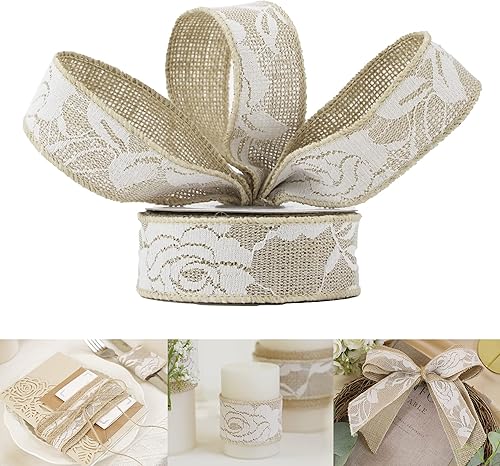 HUIHUANG Cinta de arpillera natural de 1-12 pulgadas con cinta de arpillera de encaje para árbol de Navidad, tela de yute de arpillera de arpillera