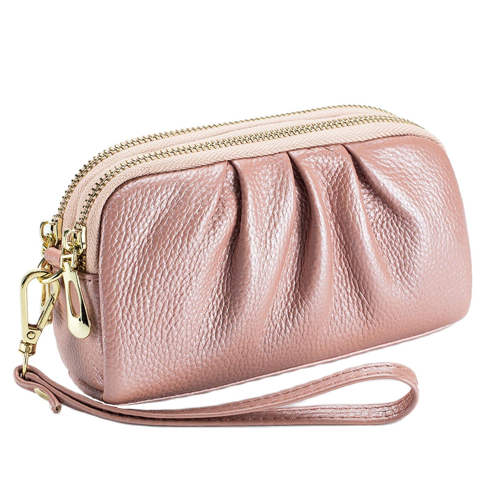 Yizelli Women's Pleated Leather Wristlet Clutch Bag Double Layer Zipper Purse Cell Phone Wallet