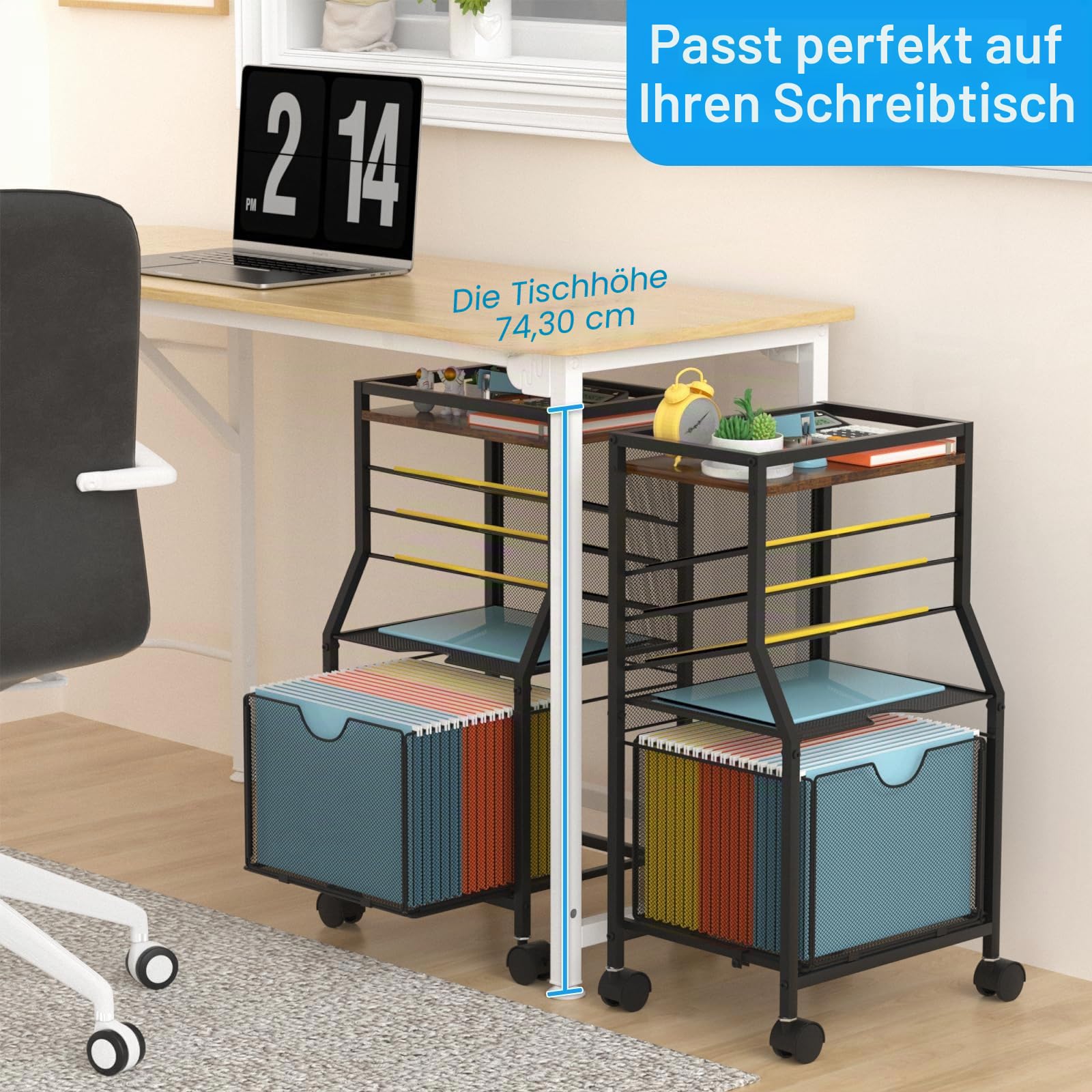 BOHDK Aktenwagen mit Schublade zum Aufhängen von Aktenordnern, Sdurty Bürowagen für unter dem Schreibtisch, Holz- und Netzpapierablagen für Büro, Zuhause, Schule (Braun)
