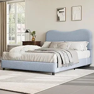 GarveeHome Full Size Bed Frame for Kids with Velvet Upholstered Headboard, Cute Low Profile Platform Bed for Girls and Boys, No Box Spring Needed, Strong Wooden Slats, Noise Free, Easy Assembly, Blue