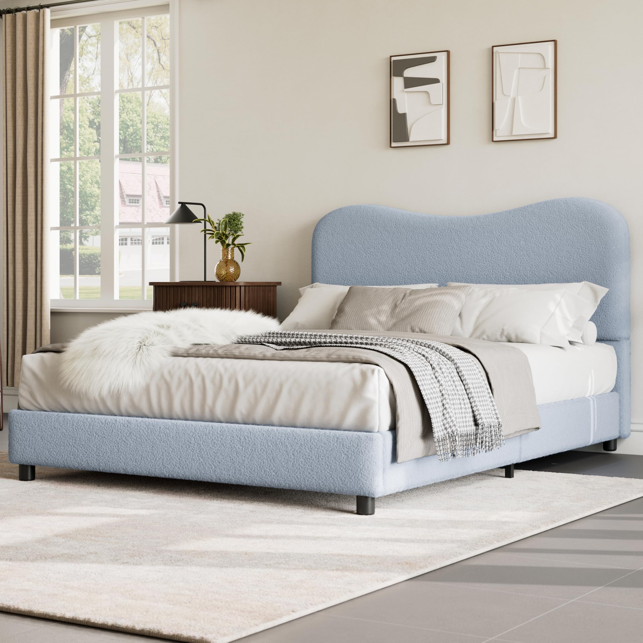 Senfot Blue Boucle Bed Frame with Upholstered Headboard, Soft Low Profile Sturdy Platform Bed with Rounded Corners Design, Heavy Duty, Wooden Slats,