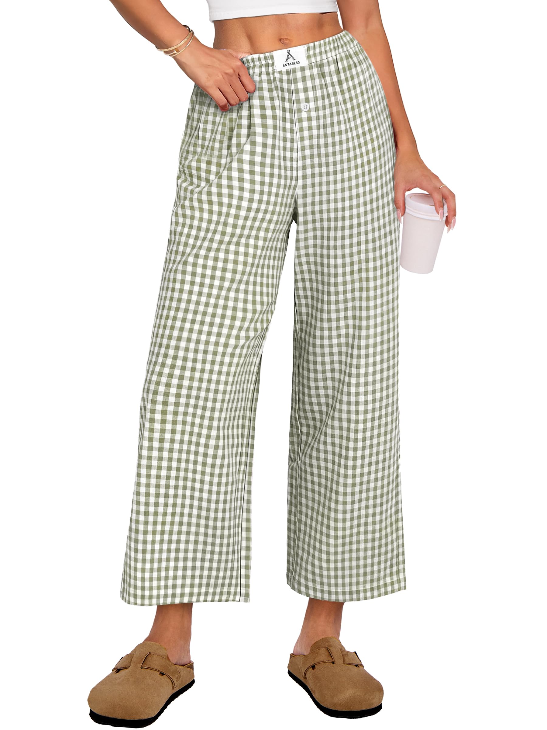 ANRABESS Women Striped Gingham Palazzo Cropped Pants Wide Leg Pajama Lounge Pants Plaid PJ Bottoms Cute Trousers with