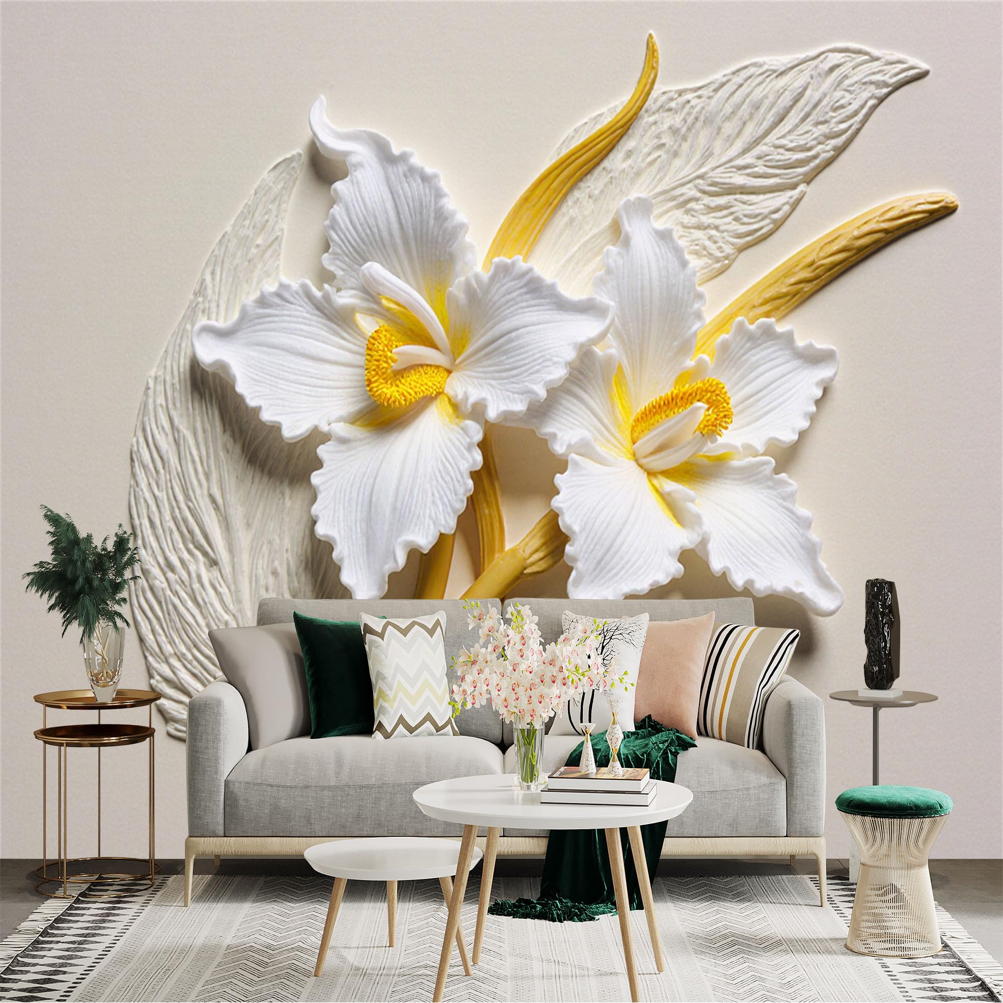 Custom Size Wall Sticker Mural， Elegant White Vanilla Orchid Flowers， Botanical Relief Art， Minimalist Floral Decor， for wall Decoration， peelandstick wall Decals.