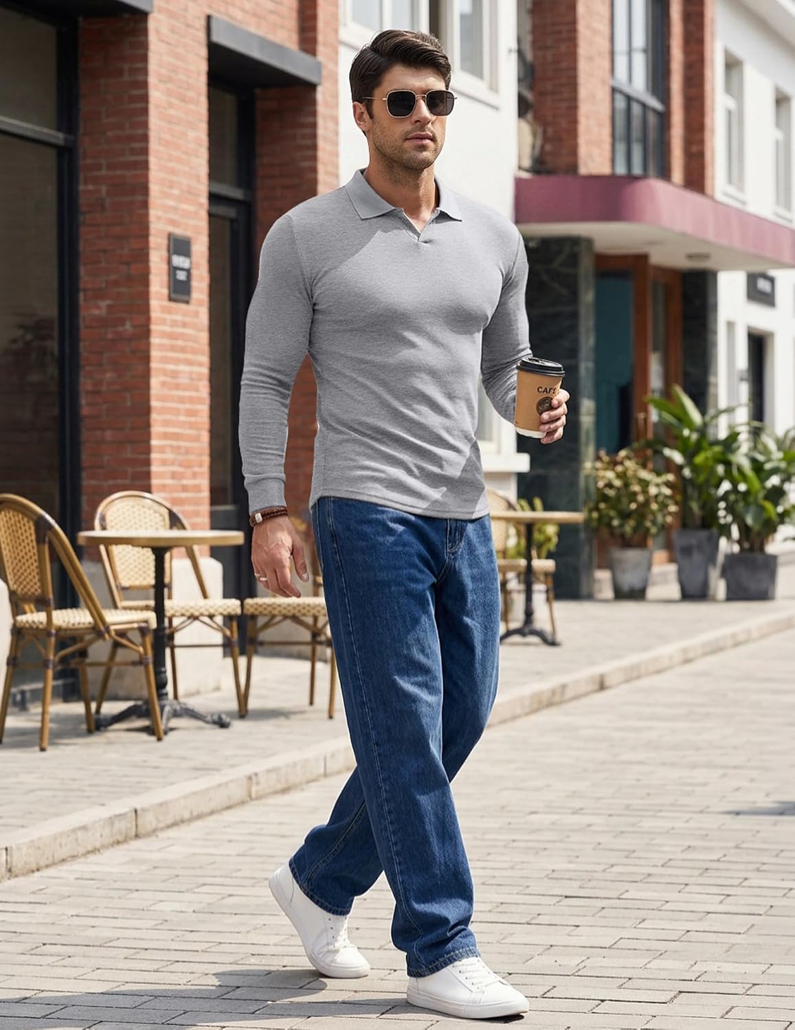 JMIERR Men's Casual Polo Shirt Muscle Slim Fit Long Sleeve V Neck Stretch Dress Golf Shirts