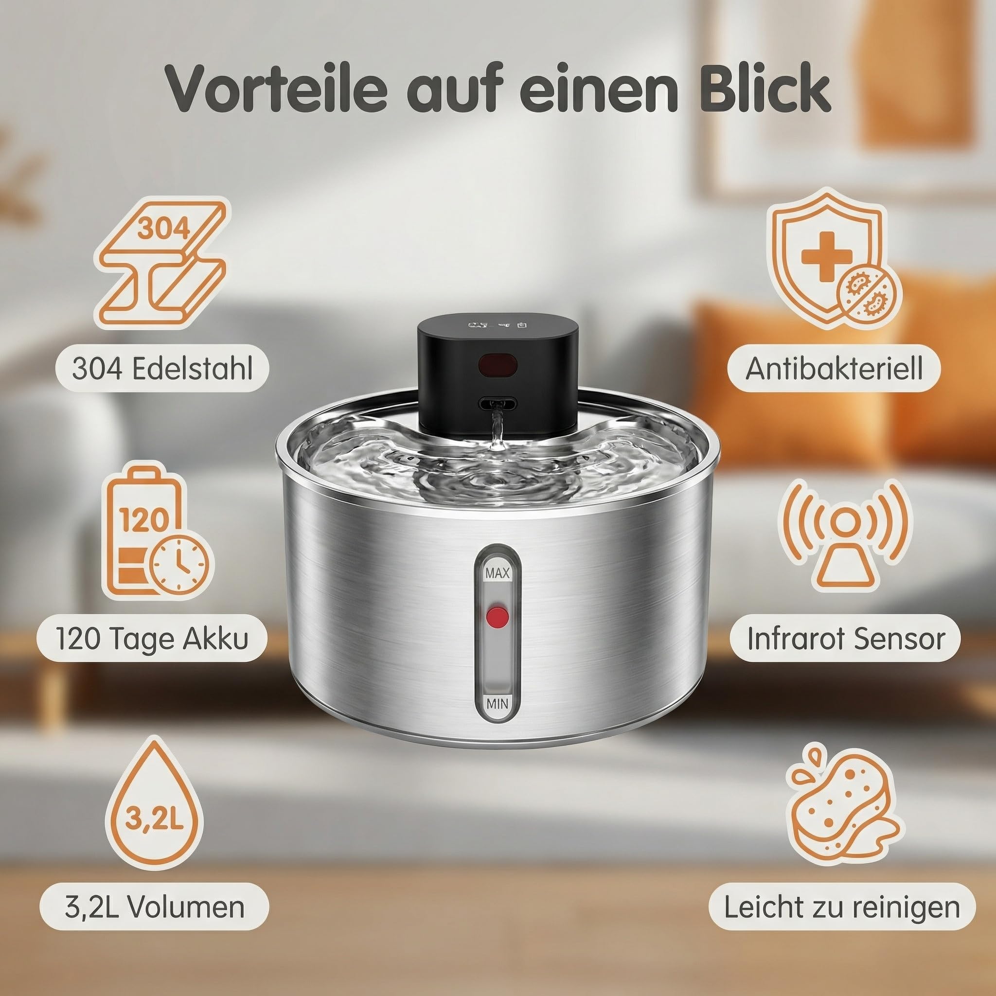 HOMELODY Fuente para gatos inalámbrica de acero inoxidable, 3,2 L, con batería, hasta 120 días, funcionamiento con sensor, silenciosa, con sistema de filtro de 5 compartimentos para gatos y perros