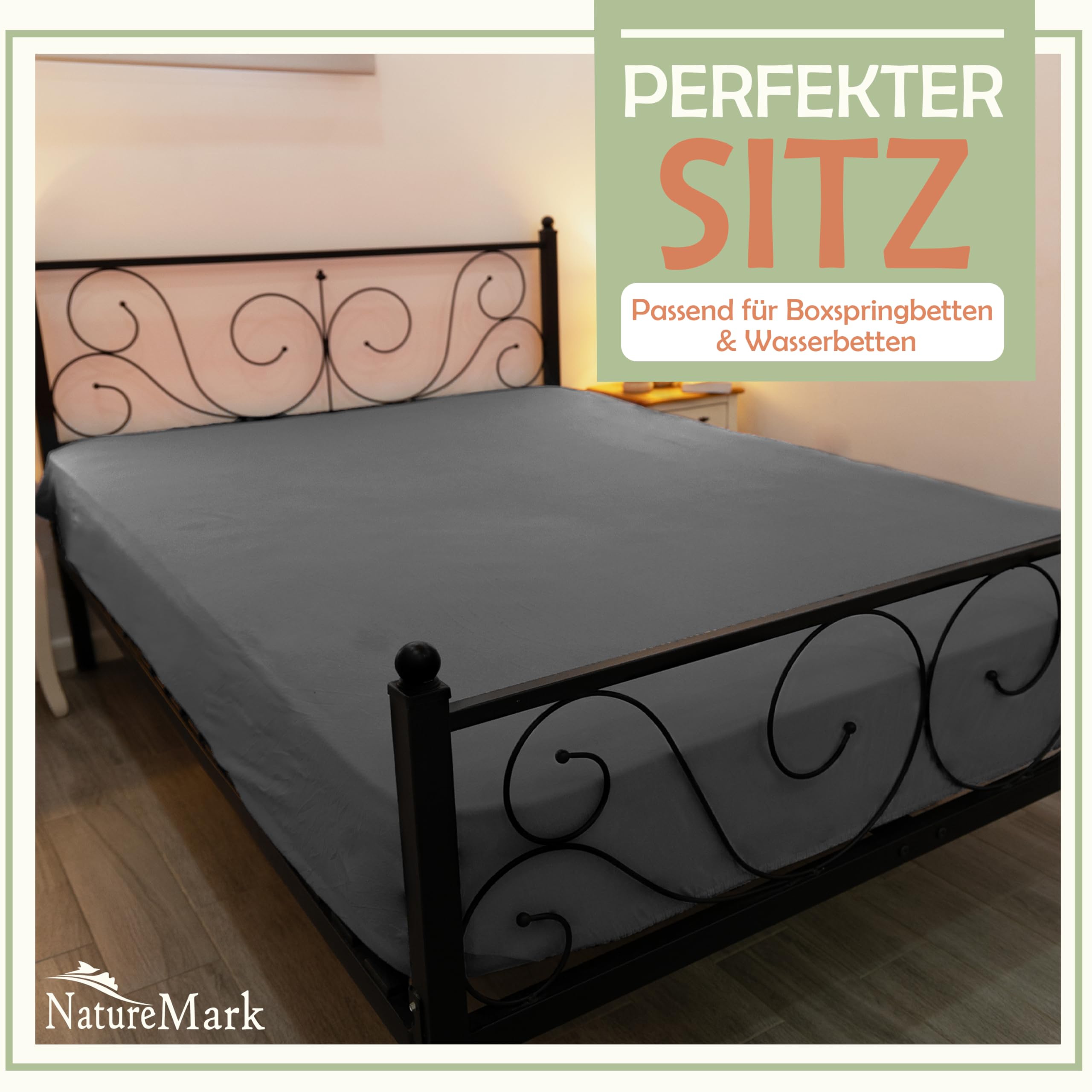 NatureMark Prześcieradło z gumką z mikrofibry, łóżko kontynentalne i łóżko wodne, 200 x 220 cm, wysokość materaca 40 cm, 200 x 220 cm, 100% poliester, antracytowe/ciemnoszare