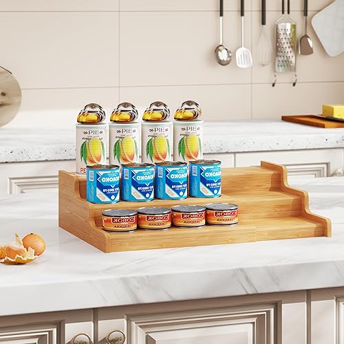 Miniatura 4 de Organizador de latas de bambú expandible para despensa, soporte de almacenamiento de latas ajustable de 3 niveles, organizador de soda con capacidad