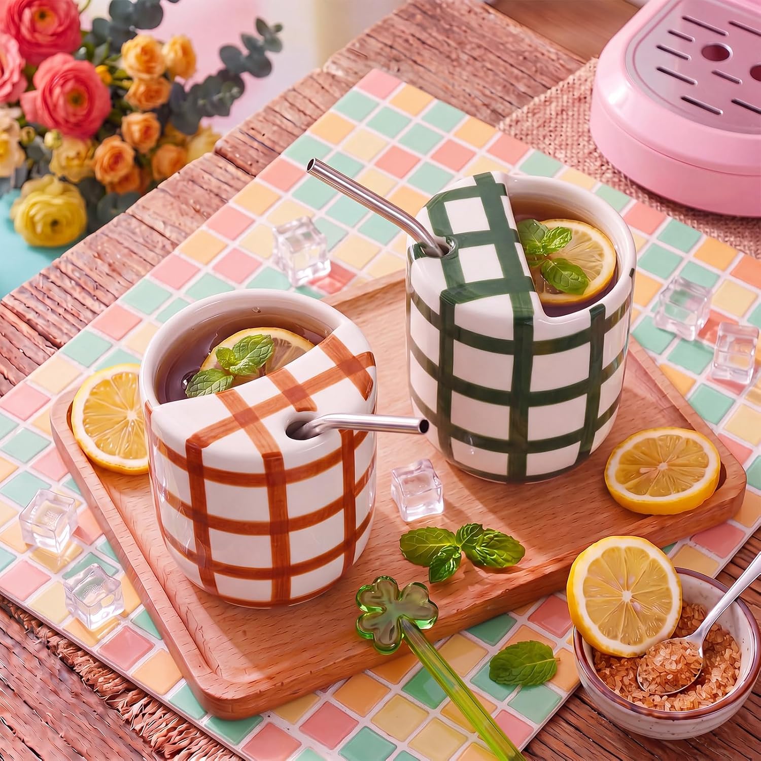 Ceramic Coffee Mug Shaped Like a Gift Box 10oz Retro Hand Painted Striped Travel Mug Novelty Present Design for Hot or Cold Drinks Microwave and Dishwasher Safe (Striped,Green,Blue .) image 5