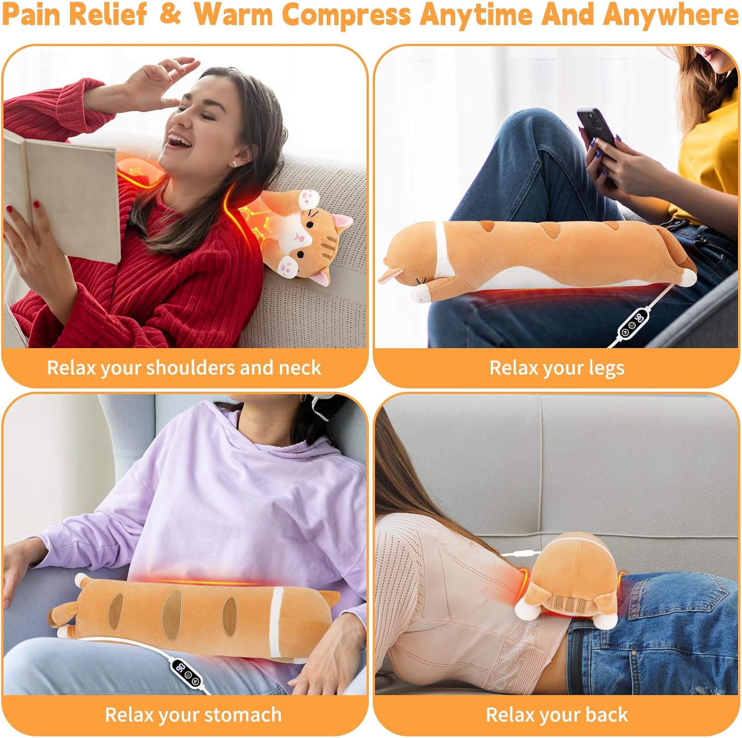Cat Heating Pad-USB Heated Plush Stuffed Animals for Period Cramps and Menstrual Pain Relief,22” Portable Electric Kitten Heating Pads,Soft Built-Pocket Plush Women Girls Birthday,Orange