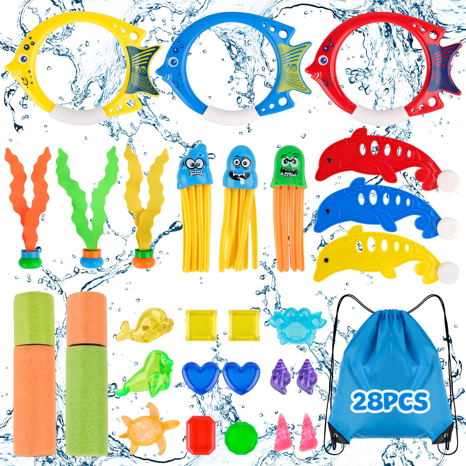 WUGU 28 Piezas Juguetes de Buceo para Niños, 7 Juguetes de Piscina para Niños y una Bolsa de Almacenamiento, Juguetes Piscina Niños 5+ para Fiesta Piscina, Búsqueda Tesoro de Buceo, Fiesta Playa