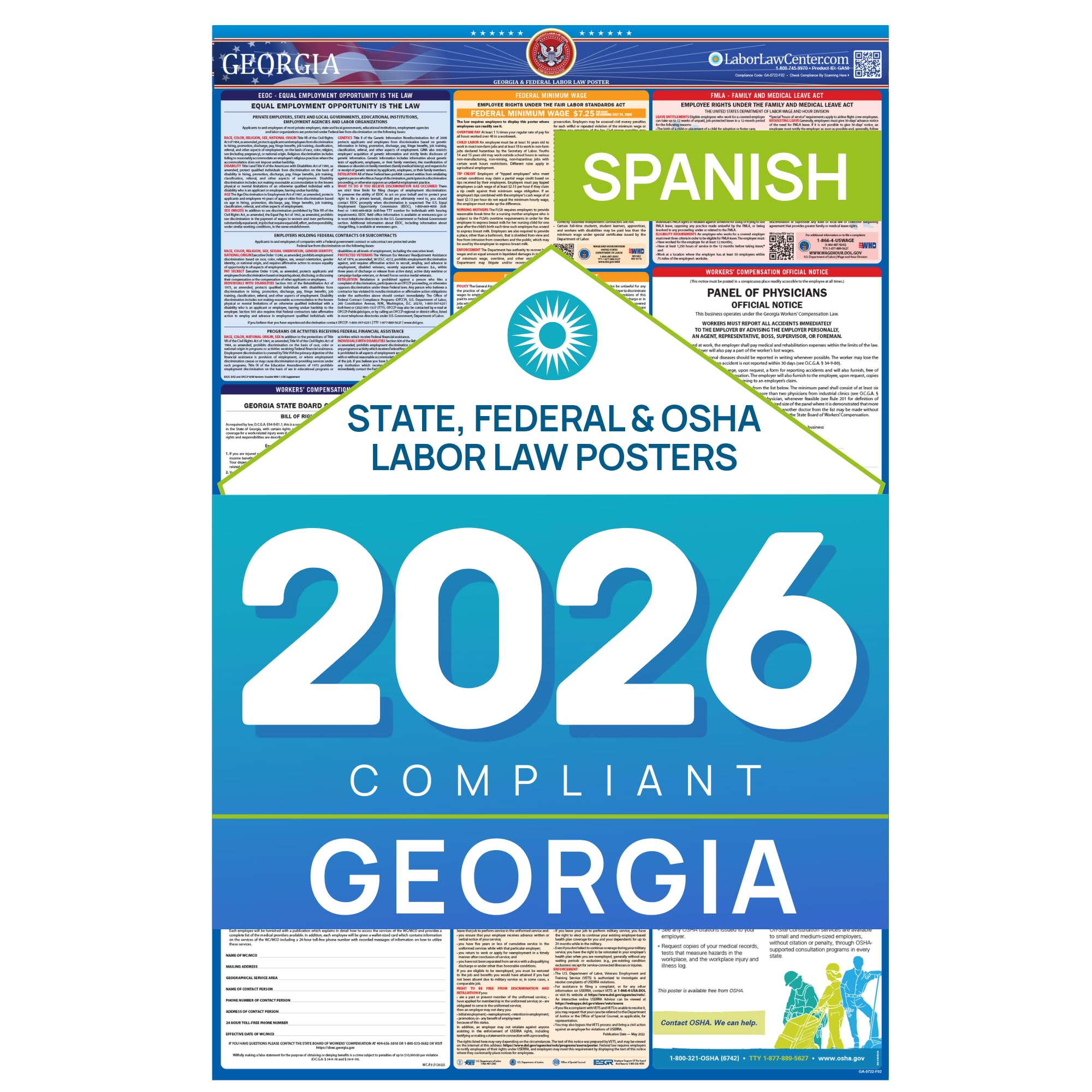 Labor Law Poster Georgia 2026, Spanish, State, Federal Notices 26 x 39.5