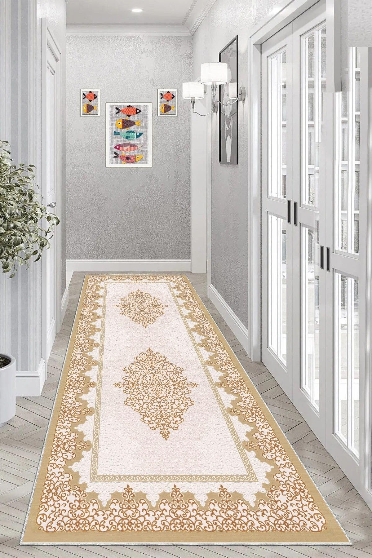 Pelangi Osmanlı Desen Göbekli Dijital Baskı Yıkanabilir Kaymaz Taban Klasik Salon Halı ve Yolluk, Bej 100 x 350, 95543251003507