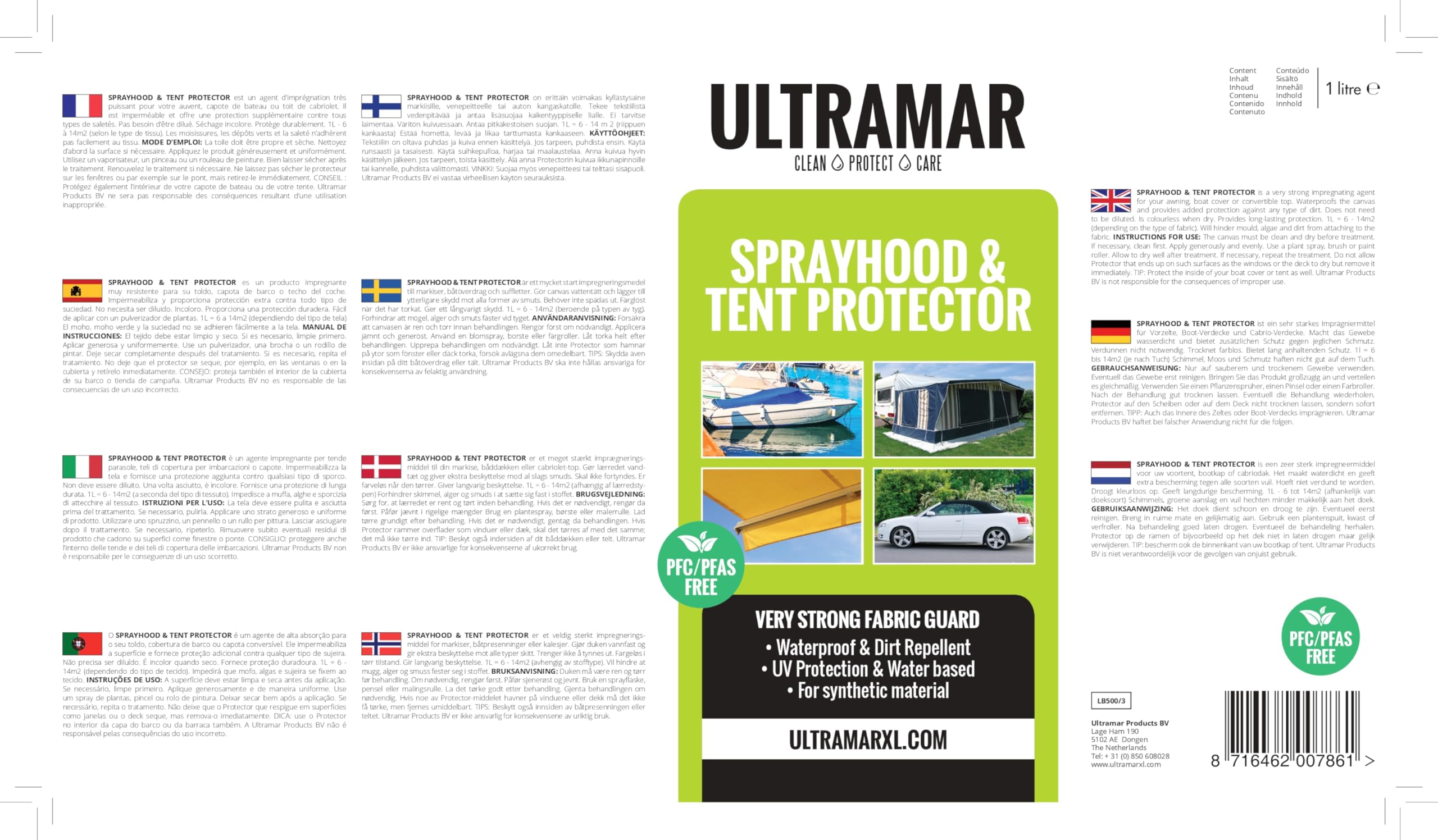 Ultramar - Sprayhood & Tent Protector - Imperméabilisant pour Tente, Bimini pour Bateau, Store Banne, Toit Convertible - Spray d'imprégnation - Imprégnateur