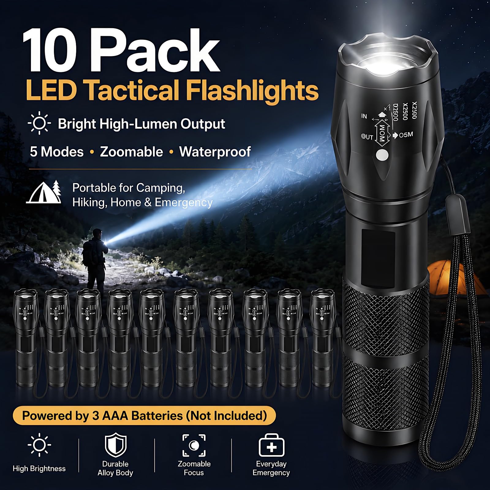 Confezione da 10 Torce Potenti Tattiche Luminose a LED ad Alta Luminosità con 5 Modalità, Impermeabile e Zoomabile, Torcia Portatile per Campeggio, Escursionismo, Attività all'Aperto, Casa, Emergenza