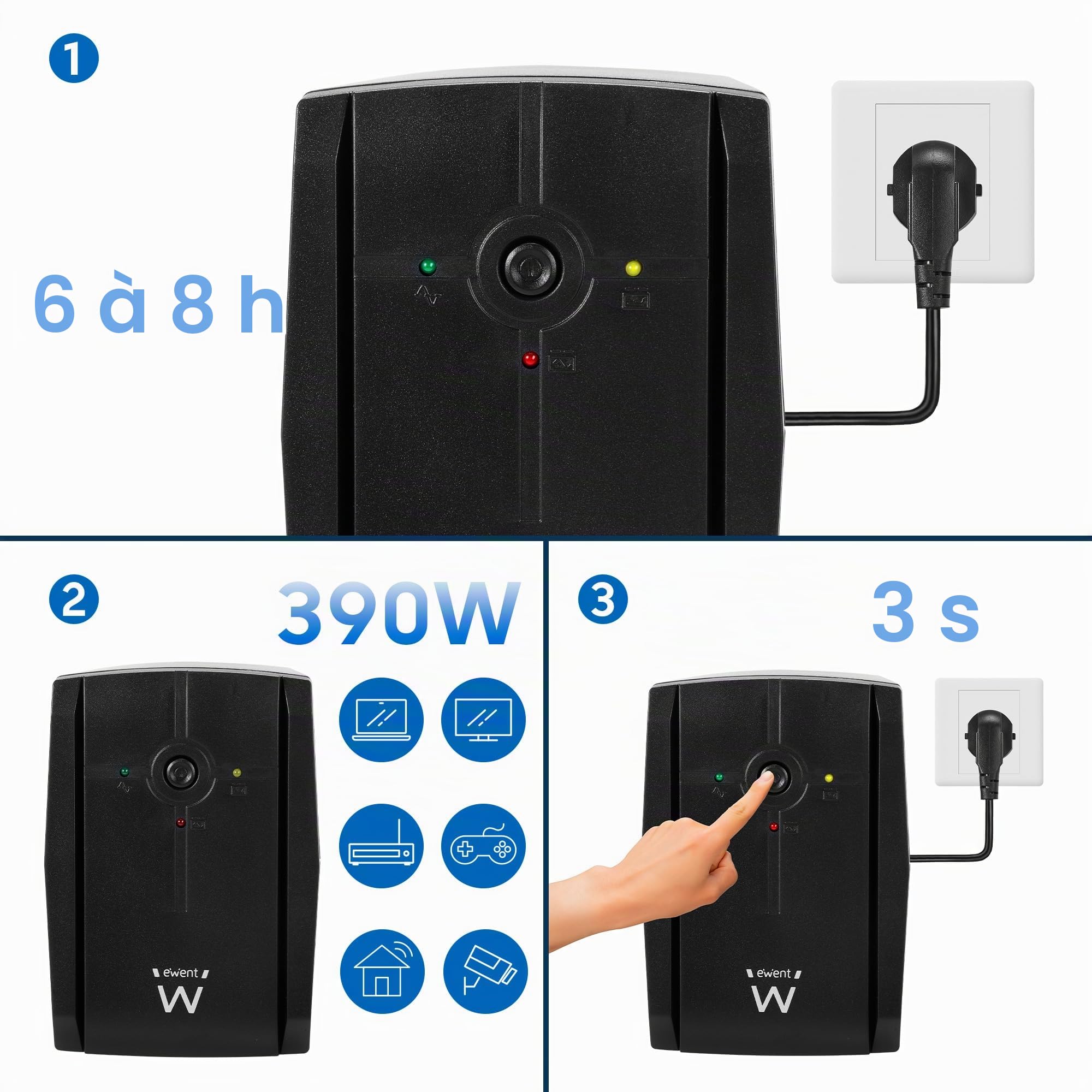 Ewent Alimentation sans Interruption,Off-Line UPS,Onduleur 780VA (390W) 250V,Protection Contre Les surtensions et Les coupures de Courant,2 Prises Schuko EU,AVR Line Interactive pour PC,Modem,Console