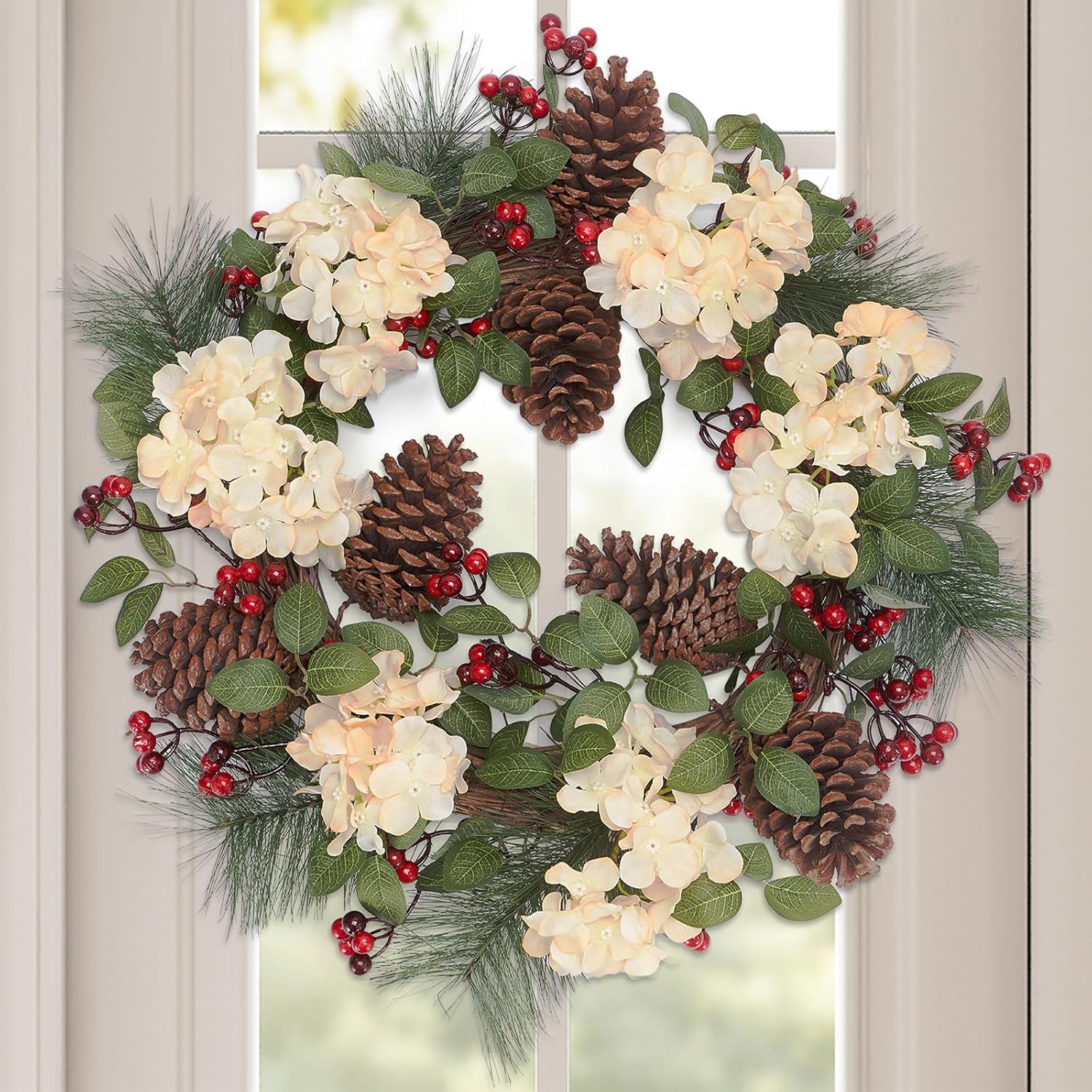 Hydrangea Winter Door Wreath 22", Artificial Winter Wreaths for Front Door with Hook Pine Cones Wreath with Red Berry Flowers, Front Door Wreaths for Windows Wall Home Christmas Winter Decorations 22inch Flower Pinecone