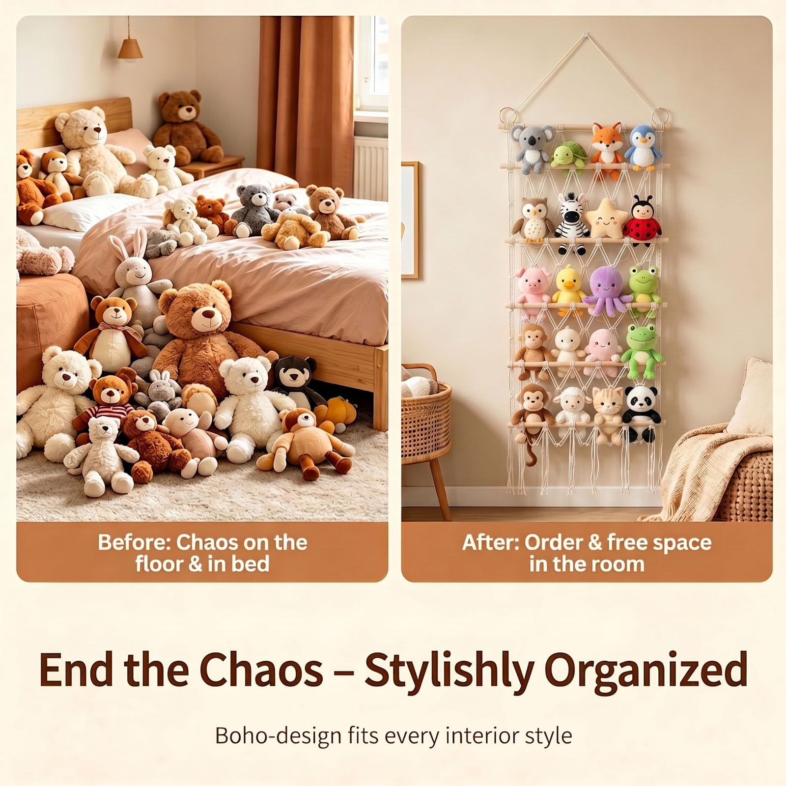 Rangement Peluche Chambre Enfant, 4 Couches Style Bohème Range Peluche Doudou, Filet Peluch à Suspendre avec 2 Crochets et 3 Clous Sans Trace pour Chambres d'Enfant, Salon, Chambre à Coucher
