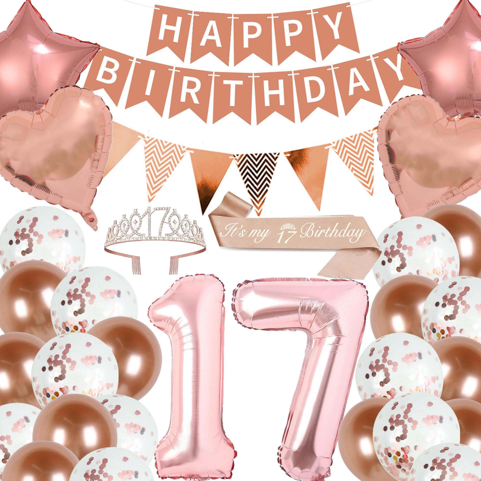 17th Birthday Party Decorations Girls 17 Years Old Birthday Decorations Rose Gold Happy Birthday Banner 17th Tiara Crown Sash Latex Balloons 32in