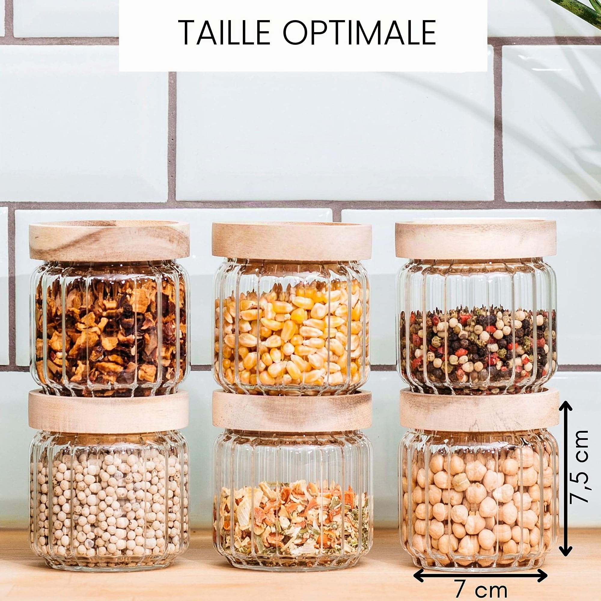 Econovo® Lot de 6 pots à épices striés (150 ml, empilables et hermétiques), avec couvercle, pour aliments ou épices, grands et petits