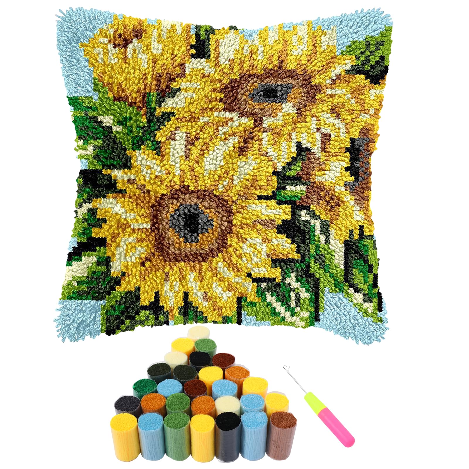 KTCINA Latch Hook Kits for Adults Beginners Sunflower Animal Latch Hook Cushion Kits Craft Rug Making Kit DIY Embroidery Cushion Pillowcase Rug Cover for Home Sofa Decor 43x43cm(Sunflower)