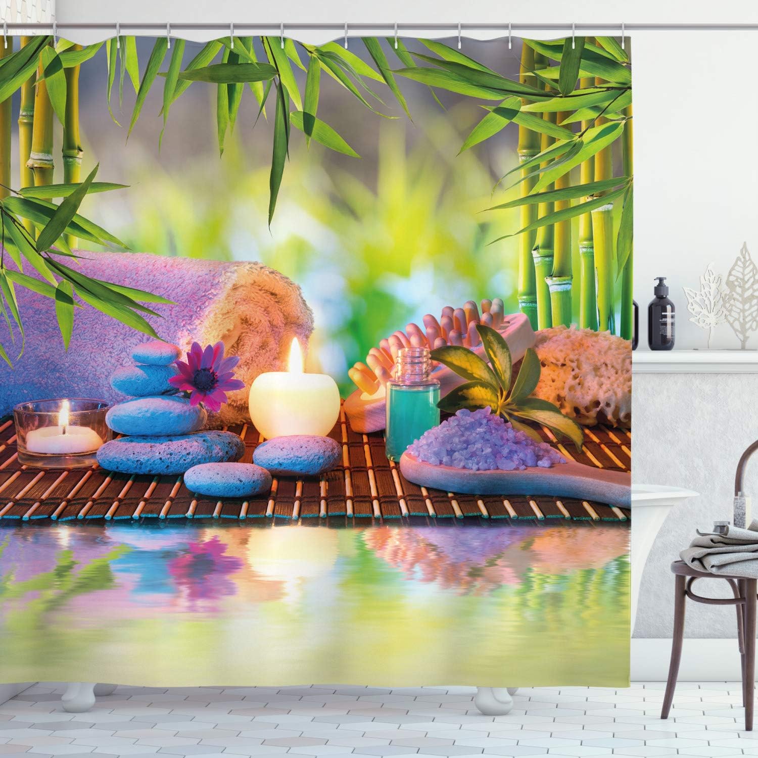 Ambesonne Spa Themed Shower Curtain, Stones Candles and Eastern Folk Relaxation Themed Botanical Trees Scene Print, Cloth Fabric Bathroom Decor Set with Hooks, 69" W x 84" L, Multicolor