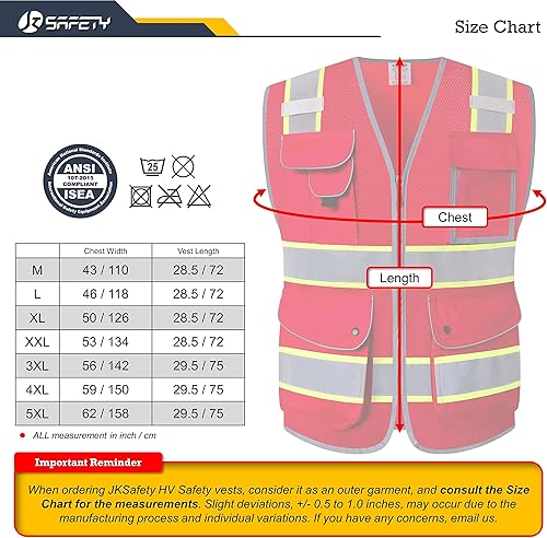 Miniatura 5 de JKSafety Chaleco de seguridad de malla frontal con cremallera de color rojo neón de alta visibilidad de 9 bolsillos con borde extendido amarillo