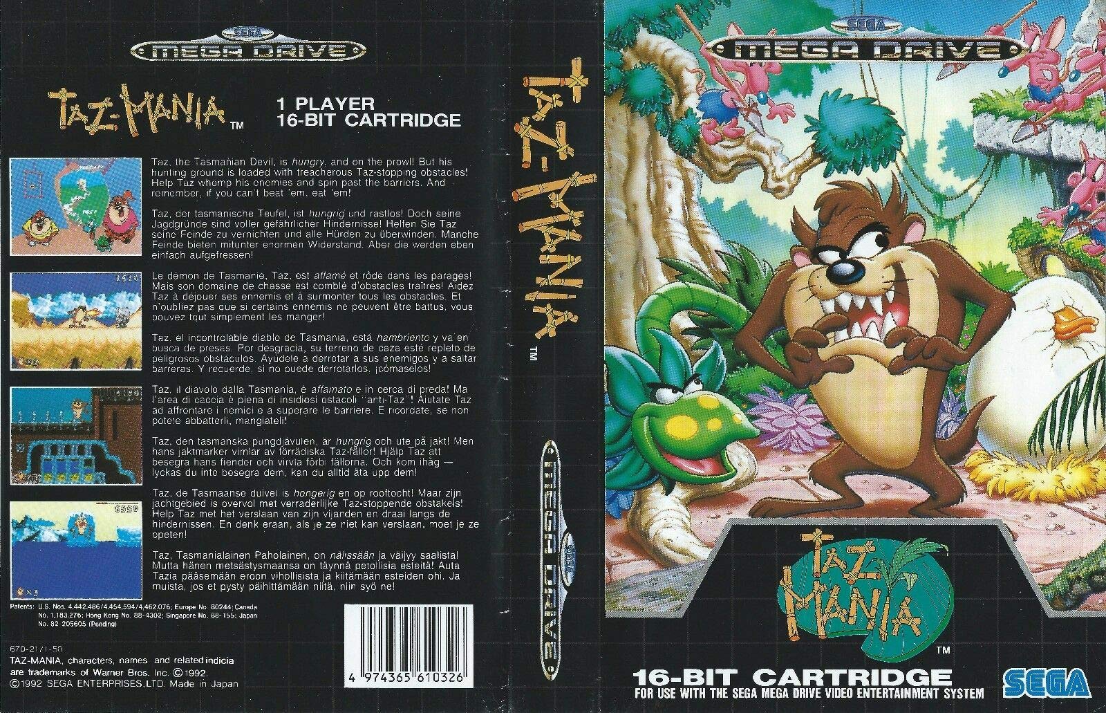 Taz-Mania Mega Drive PAL Replacement Box Art Case Insert Cover Only