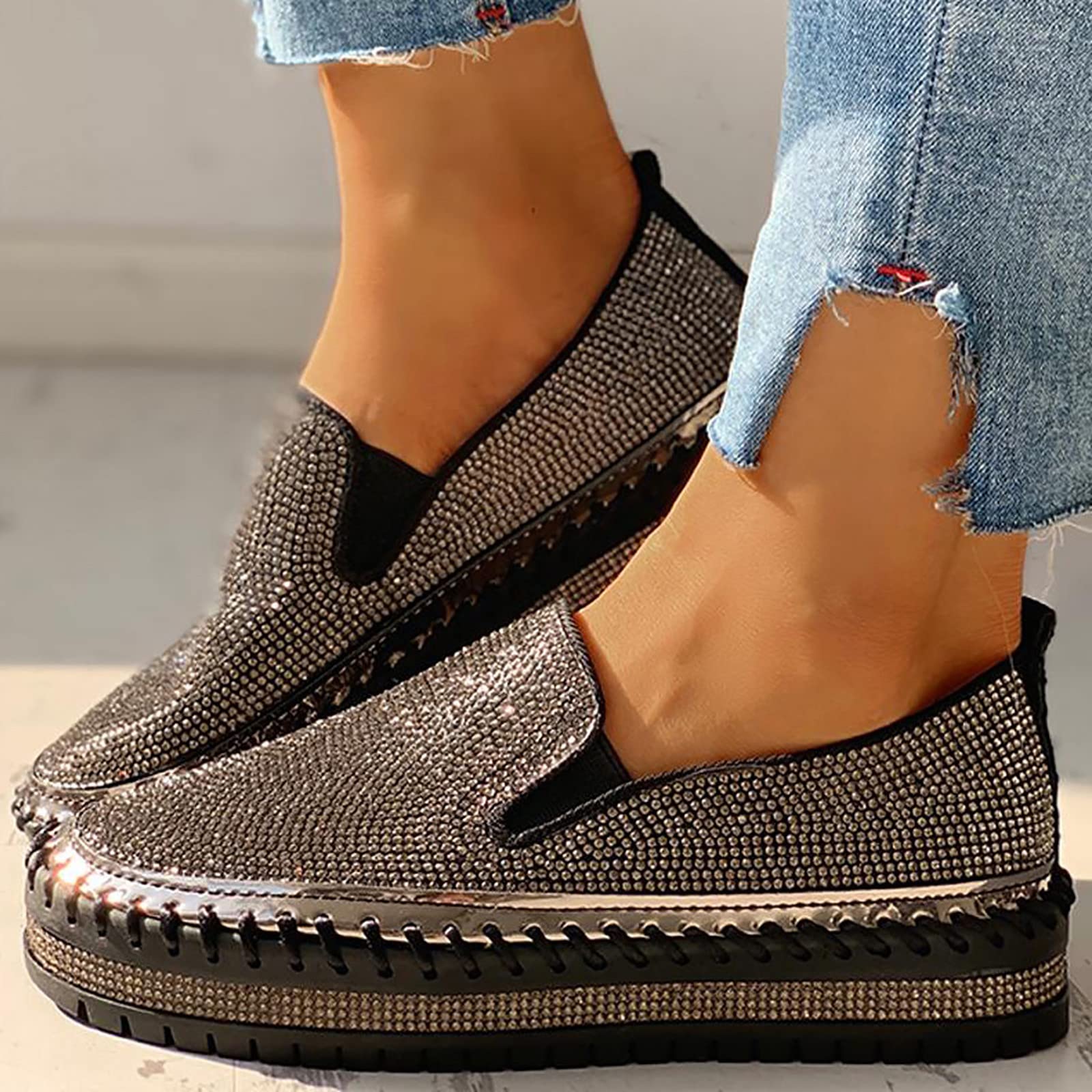 Walkingschuhe Damen Freizeitschuhe Plattform Sneaker Slip-On Damenschuhe Joggingschuhe mit Strass Sportschuhe atmungsaktiv Leichtgewichts Walkingschuhe Outdoorschuhe