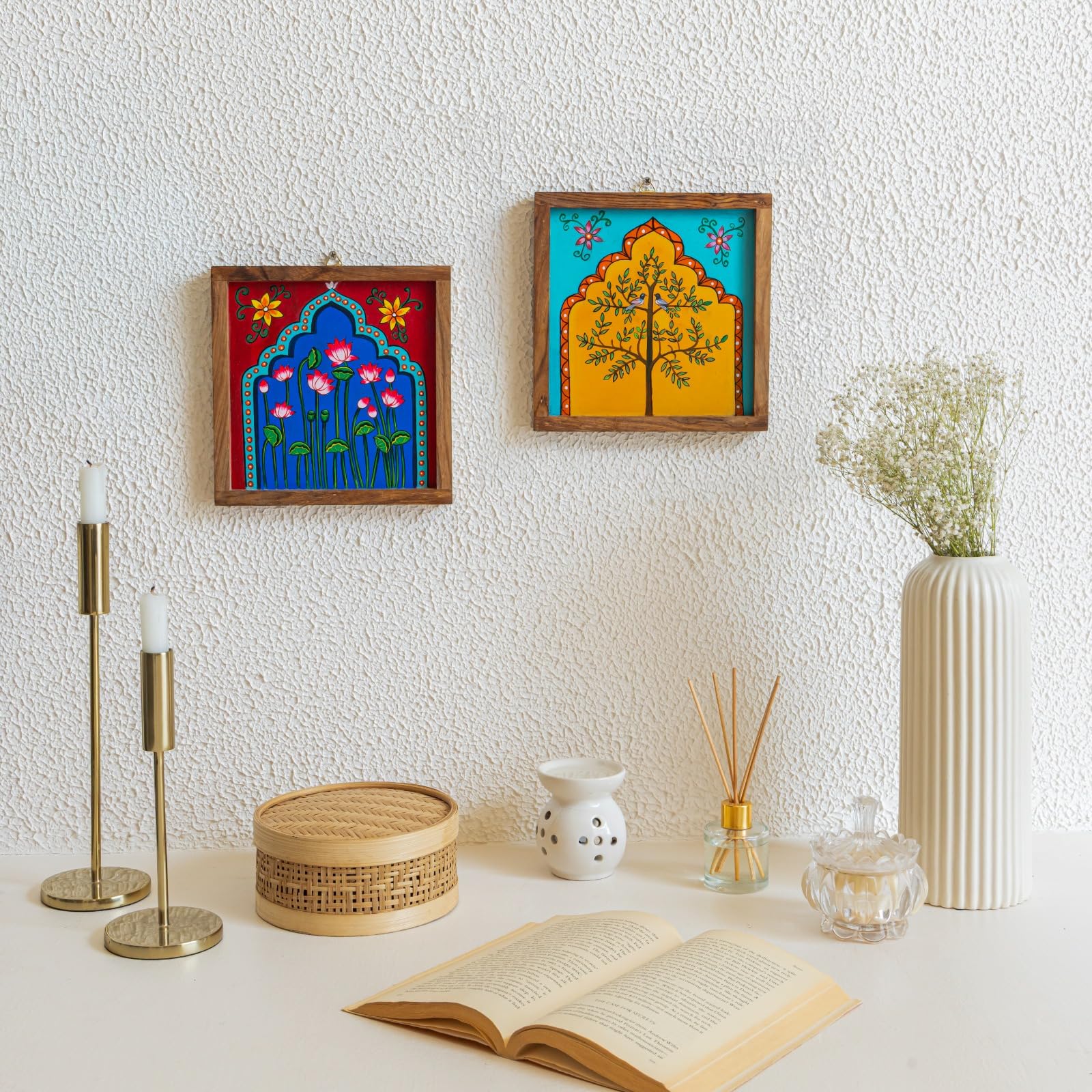 Mirai woods ® Madhuvak Wall Plates Decor Hanging for Home | Living Room | Dining | Staircase Wall | Wall Hanging Plates | Hand Painted Solid Wood Round Plates | Set of 2 | Size-8"(L) X8(W)-image-35