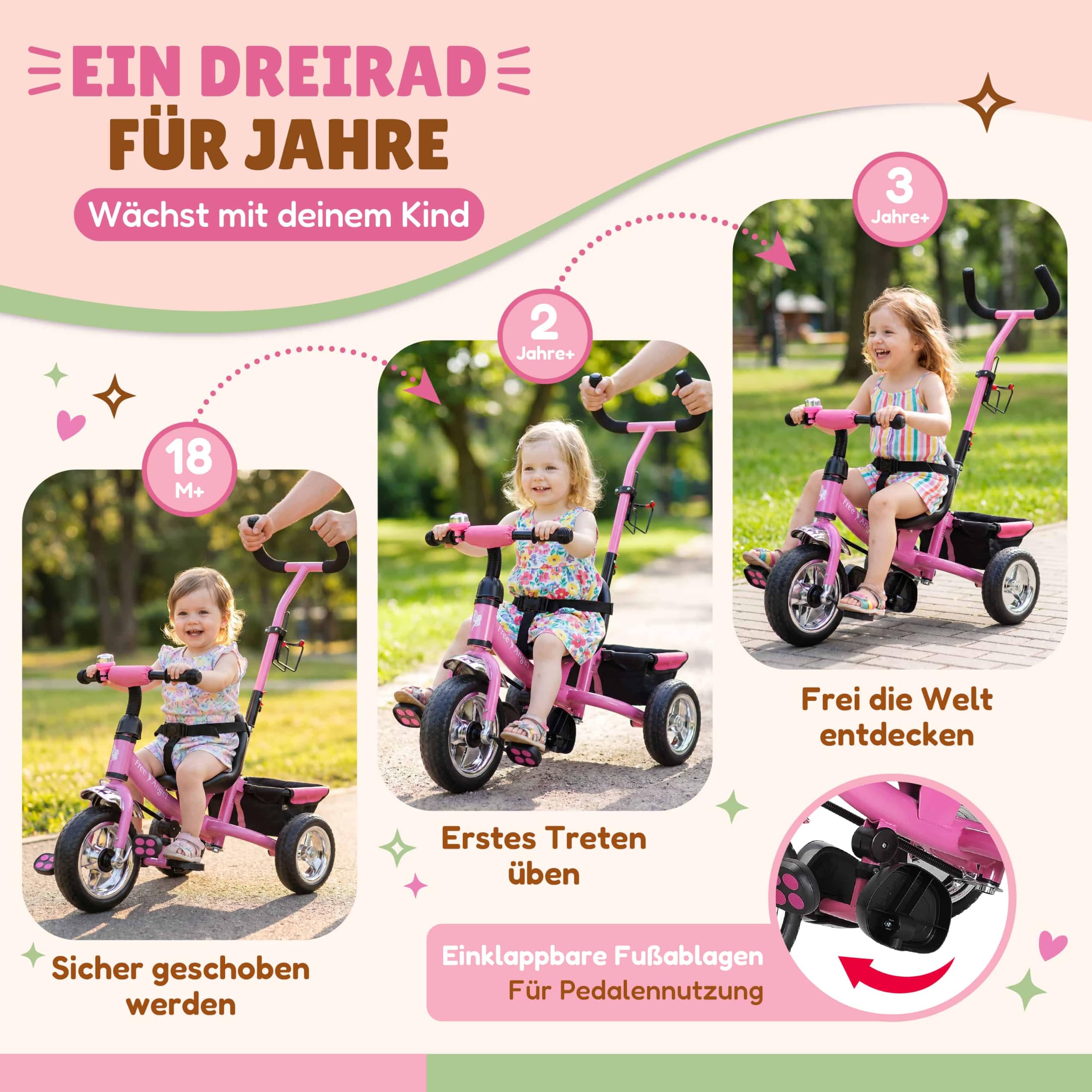 Spielwerk® Dreirad 2in1 mit Schubstange ab 1 Jahr Getränkehalter Kinderdreirad Klappbare Fußablage Baby Buggy Laufrad Kinderwagen Kleinkind Rosa