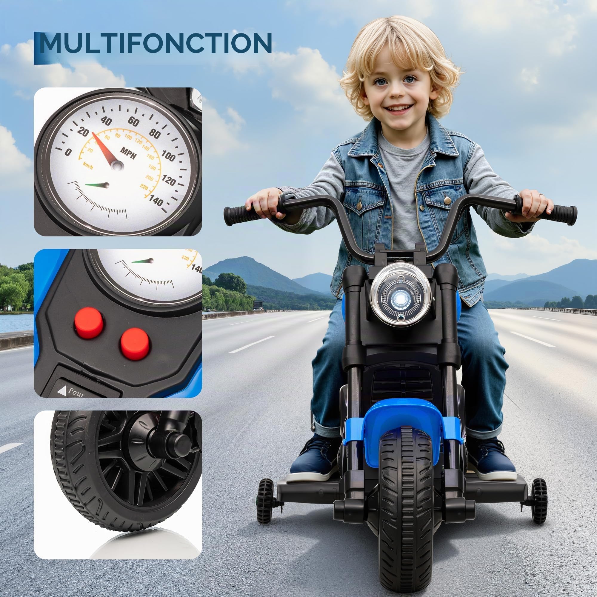 Ma Première Moto Électrique Enfant 6V – Design Sportif Stable à 3 Roues, Musique & LED – Charge Max 30 kg, pour Garçons et Filles dès 3 Ans – Bleu