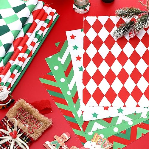 Miniatura 5 de Shimeyao Paquete de 60 piezas de tela de acolchado de Navidad de 10 x 10 pulgadas, diseño de rayas con puntos rojos brillantes y verdes, suministros