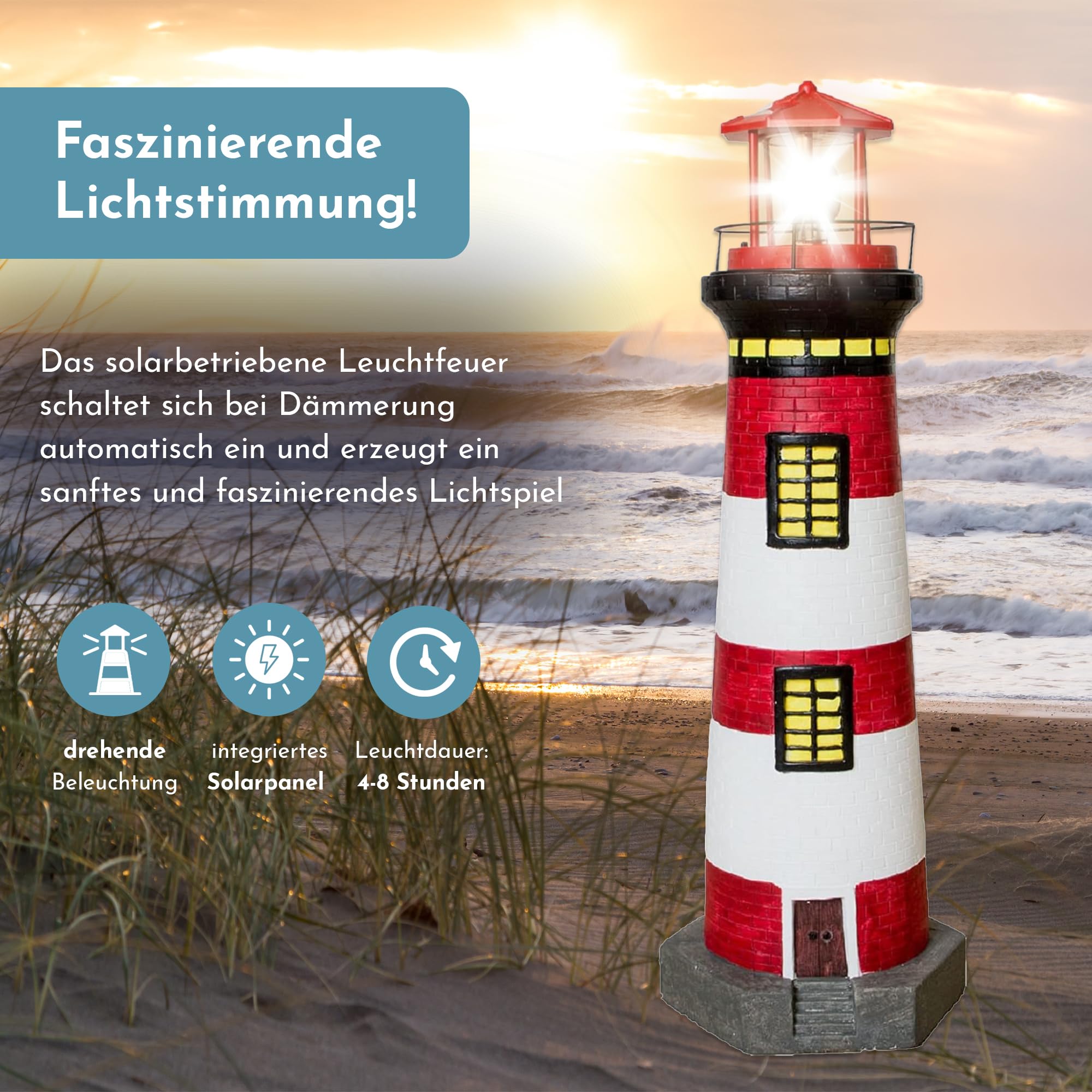 NATIV LEMODO Gartendeko Leuchtturm 83cm hoch | Handbemalte Gartenfigur mit solarbetriebenem, rotierendem Leuchtfeuer | Maritime Außendeko mit LED Beleuchtung